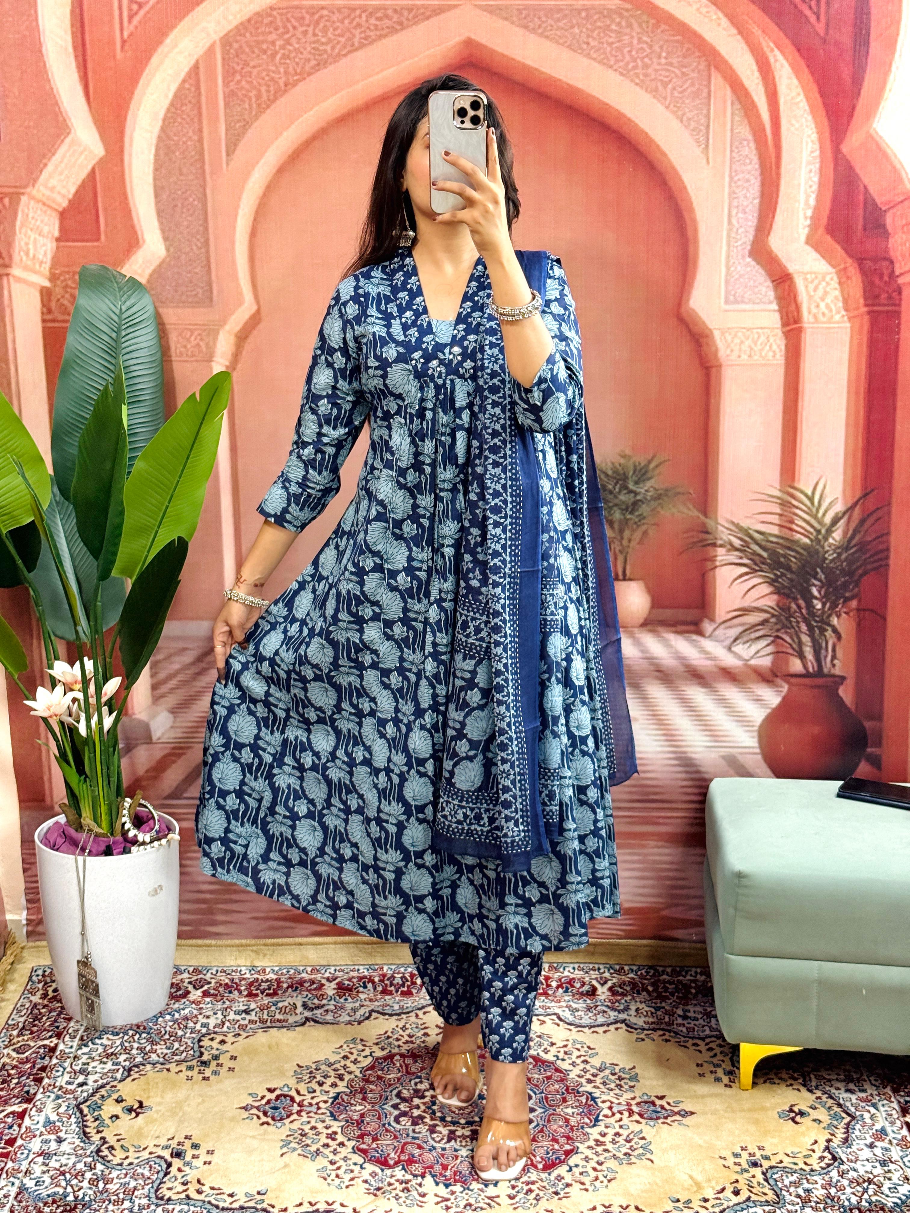 Women Beautiful Cotton Flower Printed Neckline Worked Kurta And Pant With Cotton Mulmul Dupatta