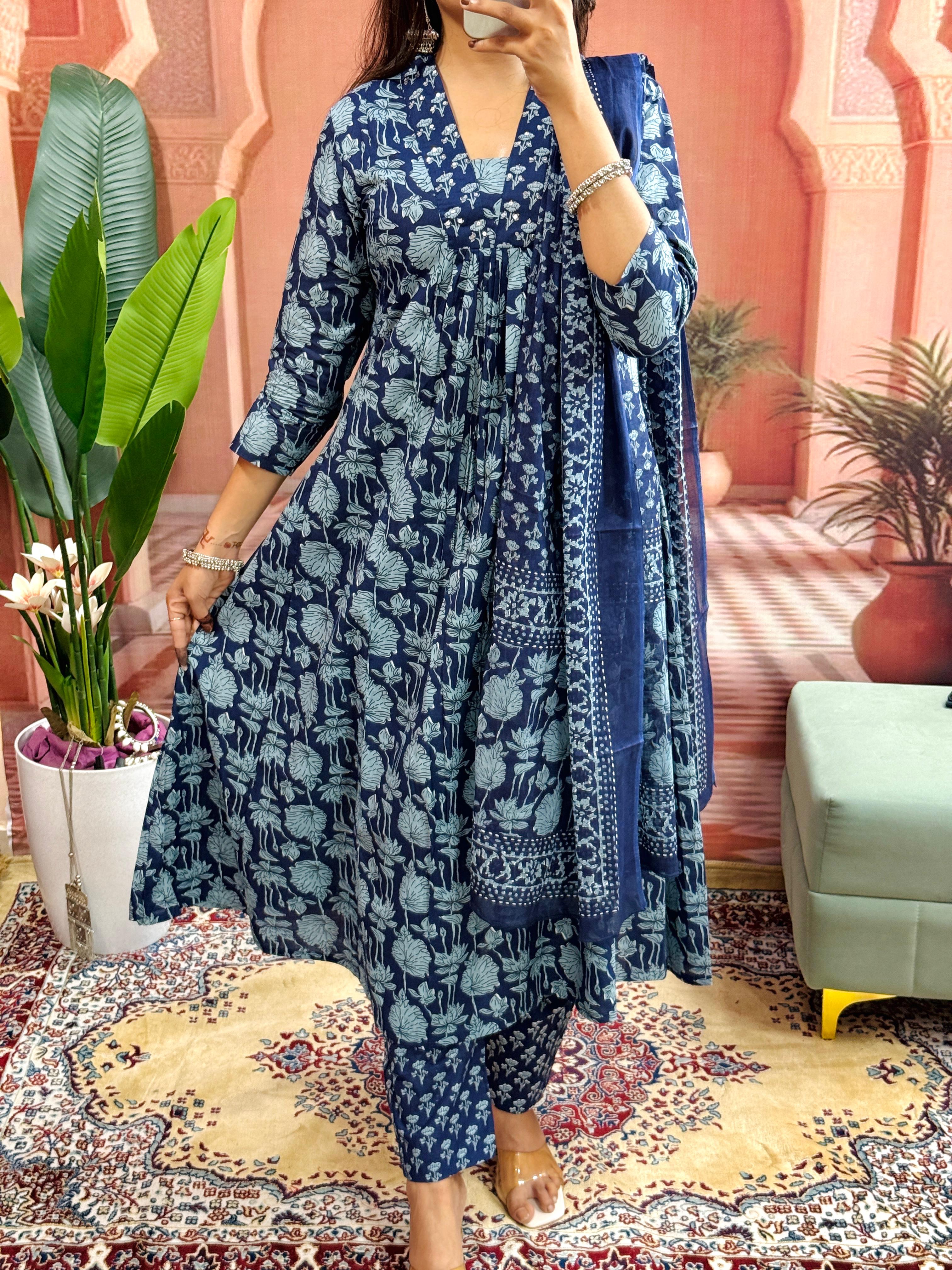 Women Beautiful Cotton Flower Printed Neckline Worked Kurta And Pant With Cotton Mulmul Dupatta