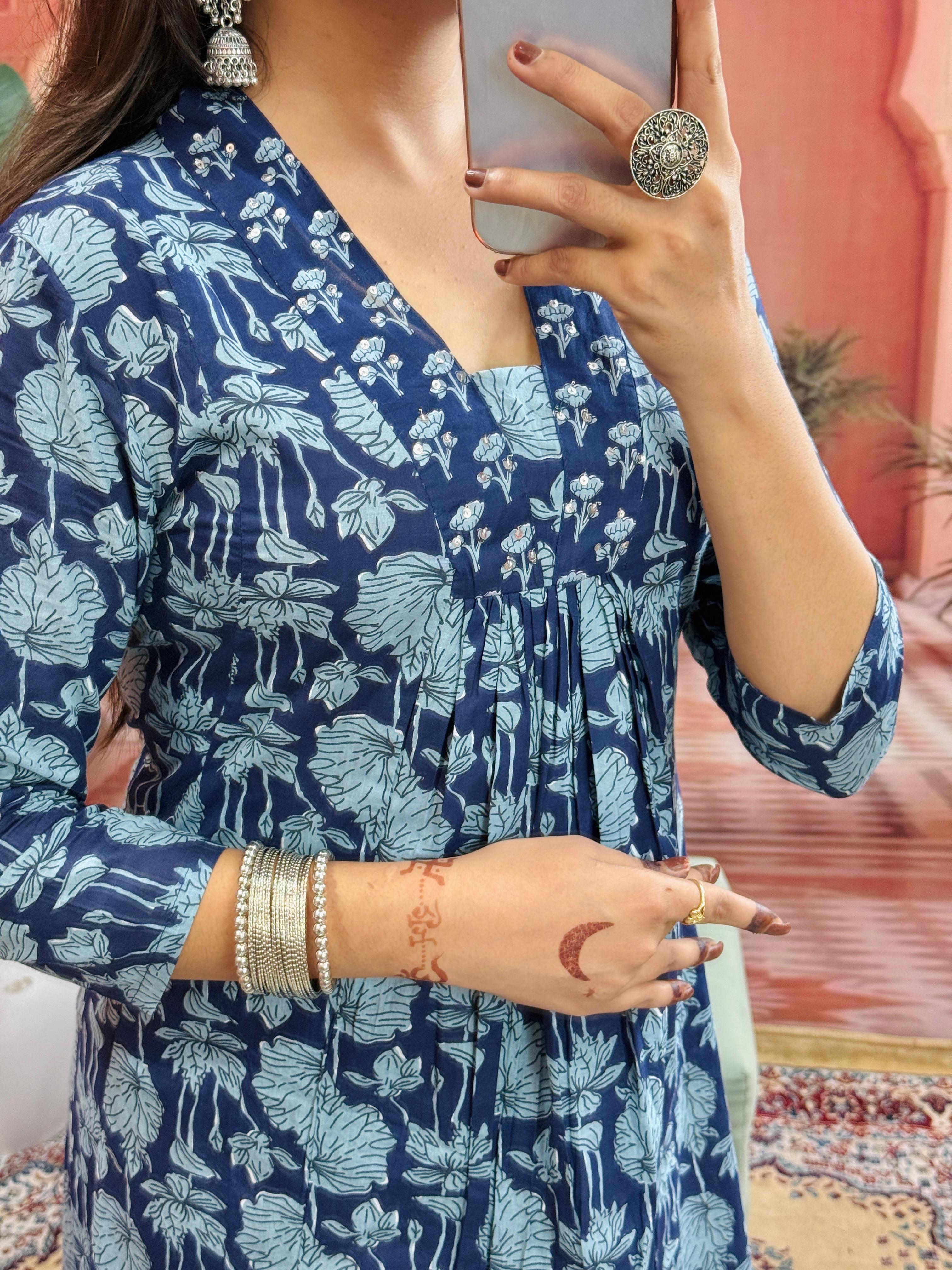 Women Beautiful Cotton Flower Printed Neckline Worked Kurta And Pant With Cotton Mulmul Dupatta