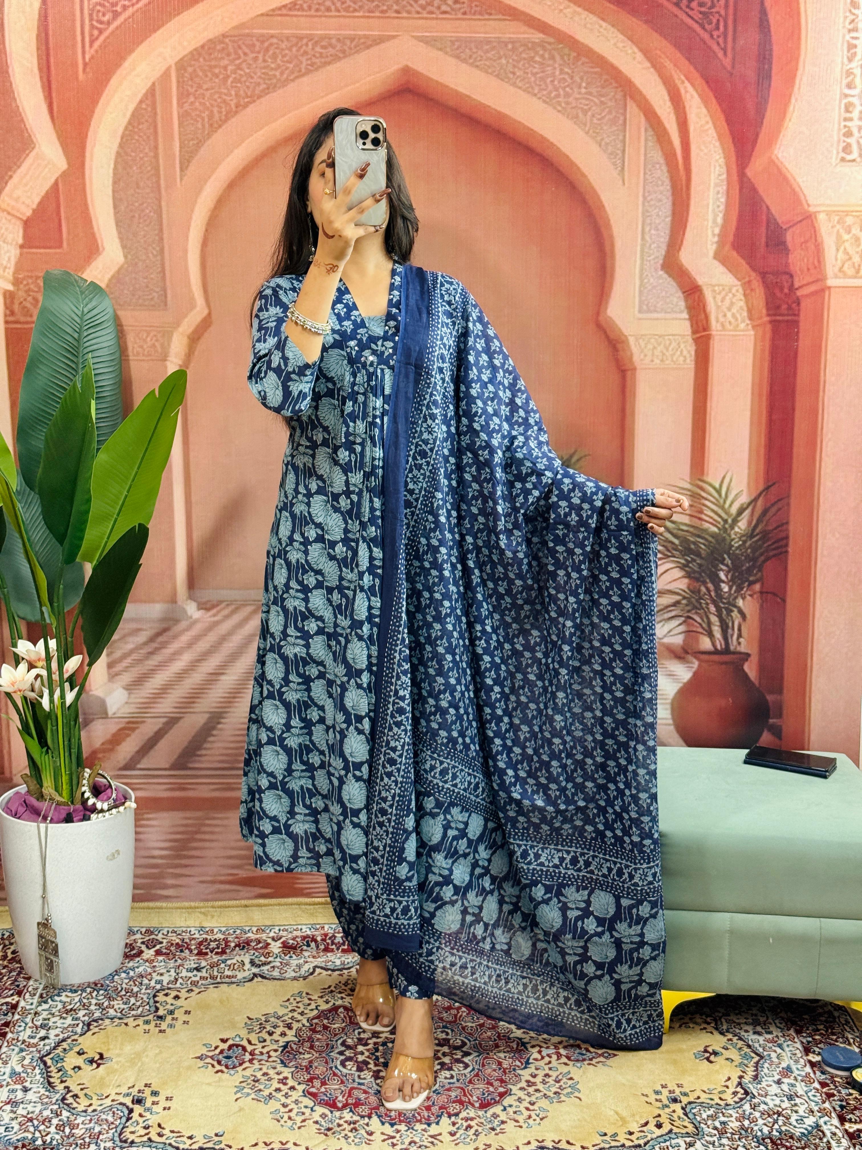Women Beautiful Cotton Flower Printed Neckline Worked Kurta And Pant With Cotton Mulmul Dupatta