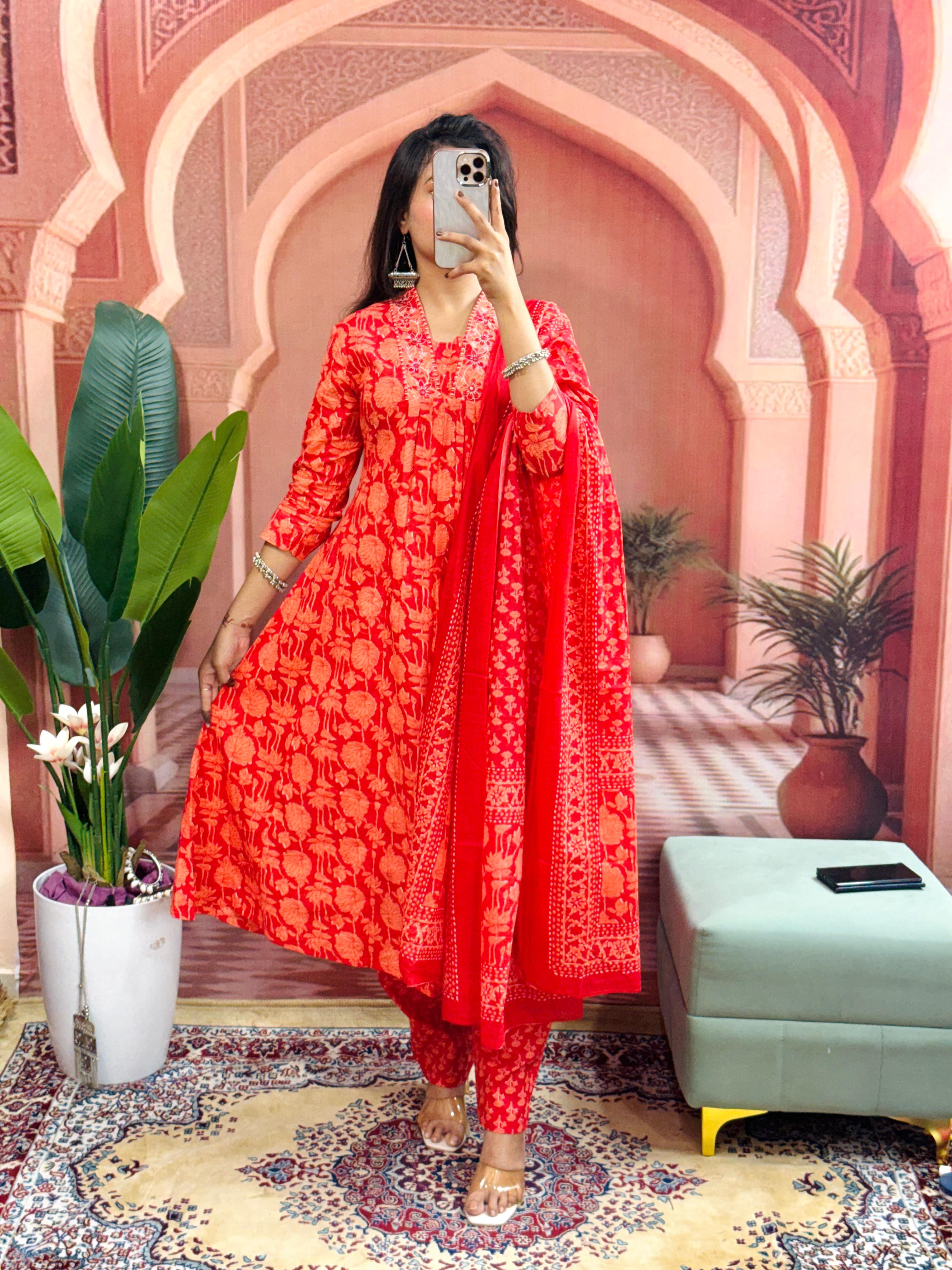Women Beautiful Cotton Flower Printed Neckline Worked Kurta And Pant With Cotton Mulmul Dupatta