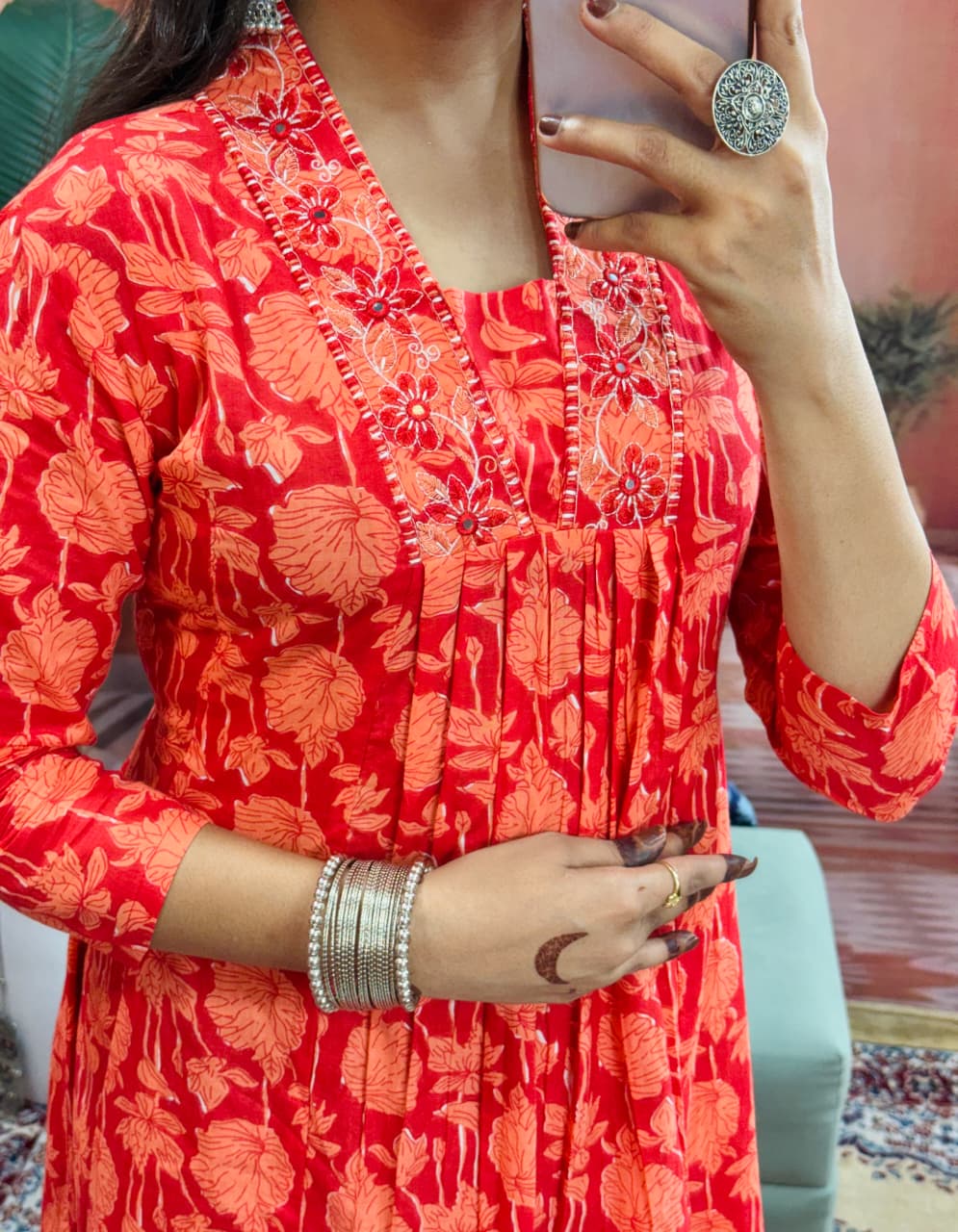 Women Beautiful Cotton Flower Printed Neckline Worked Kurta And Pant With Cotton Mulmul Dupatta