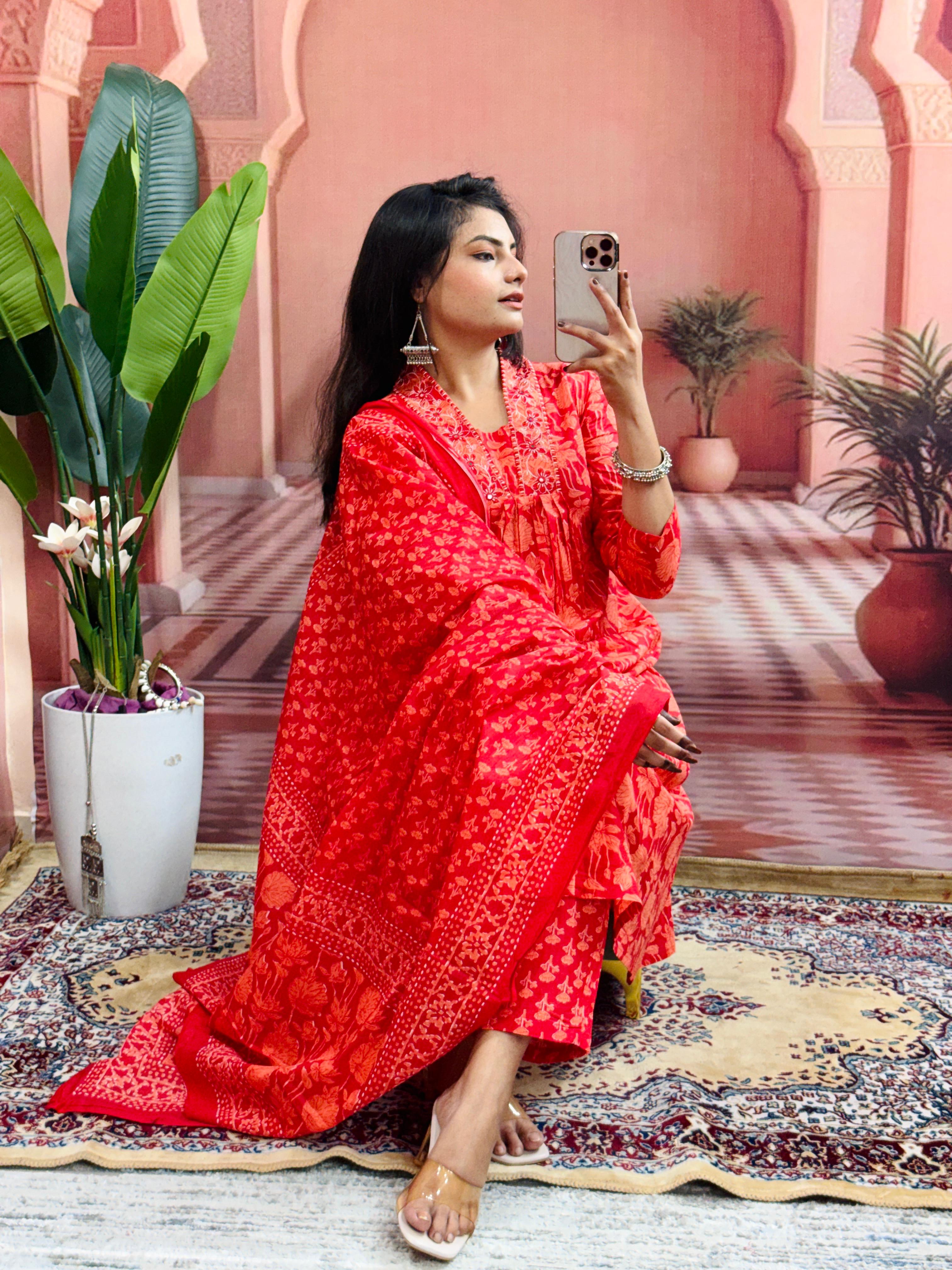 Women Beautiful Cotton Flower Printed Neckline Worked Kurta And Pant With Cotton Mulmul Dupatta