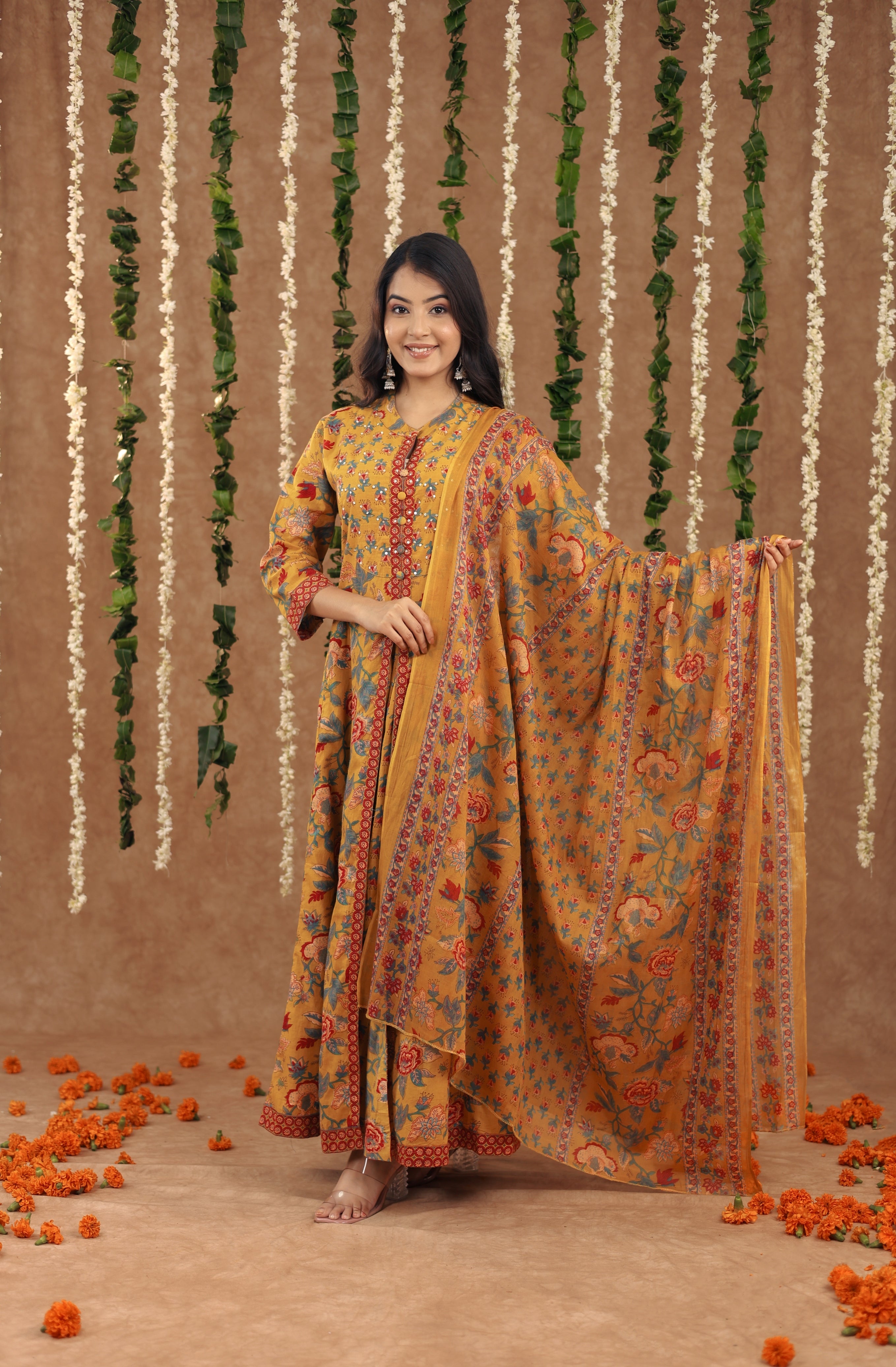 Women Festival Collection In Pure Cotton With Hand And Adda Mirror Work Mustard Yellow Flower Printed Kurti And Dupatta Set Fully Stitched Ready To Wear