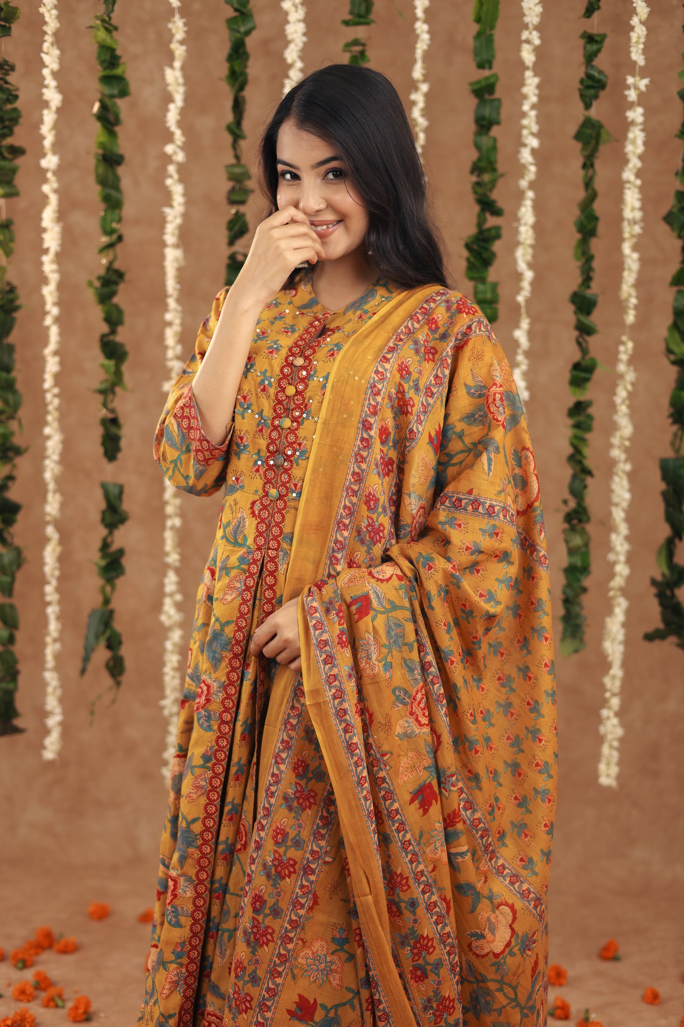 Women Festival Collection In Pure Cotton With Hand And Adda Mirror Work Mustard Yellow Flower Printed Kurti And Dupatta Set Fully Stitched Ready To Wear