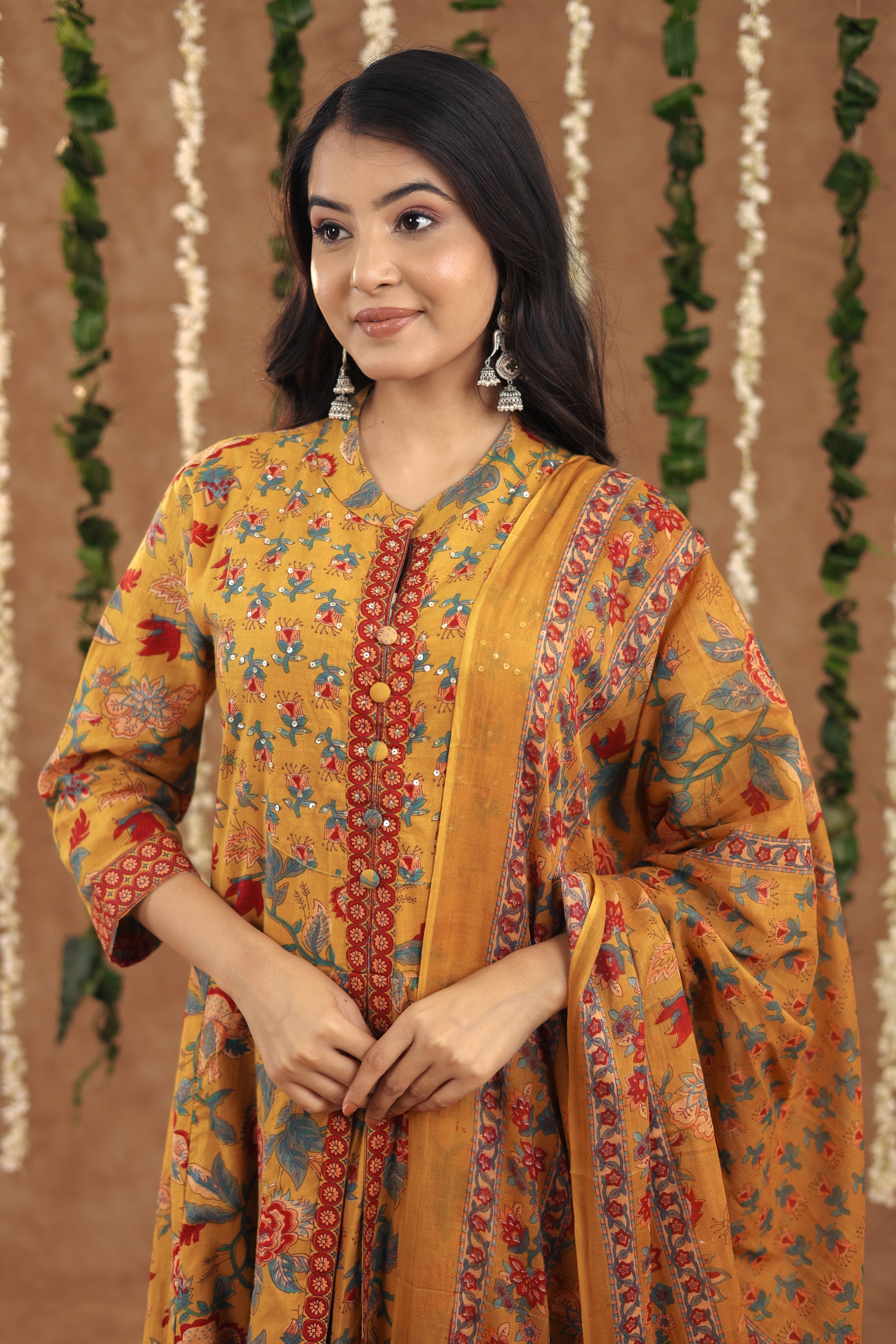 Women Festival Collection In Pure Cotton With Hand And Adda Mirror Work Mustard Yellow Flower Printed Kurti And Dupatta Set Fully Stitched Ready To Wear