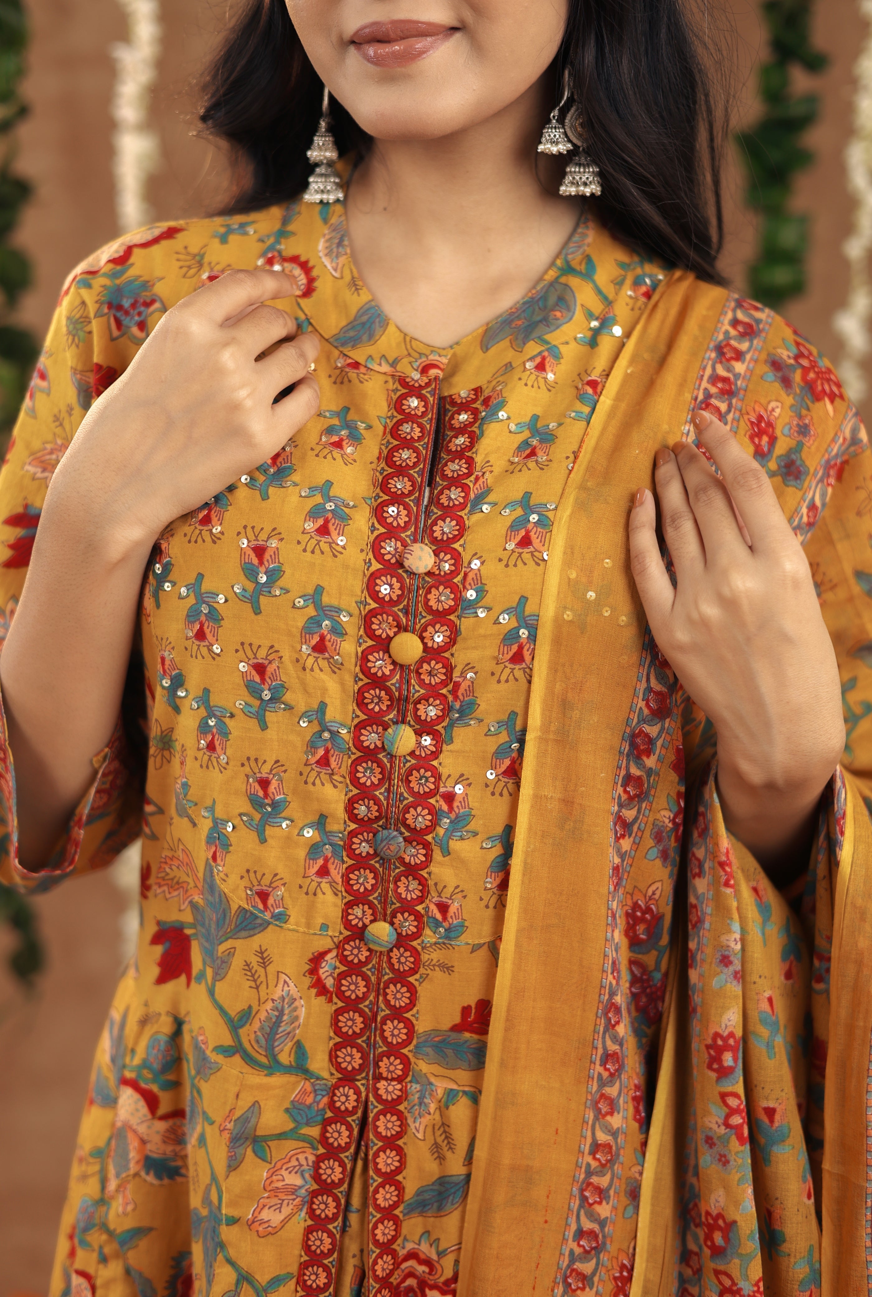 Women Festival Collection In Pure Cotton With Hand And Adda Mirror Work Mustard Yellow Flower Printed Kurti And Dupatta Set Fully Stitched Ready To Wear