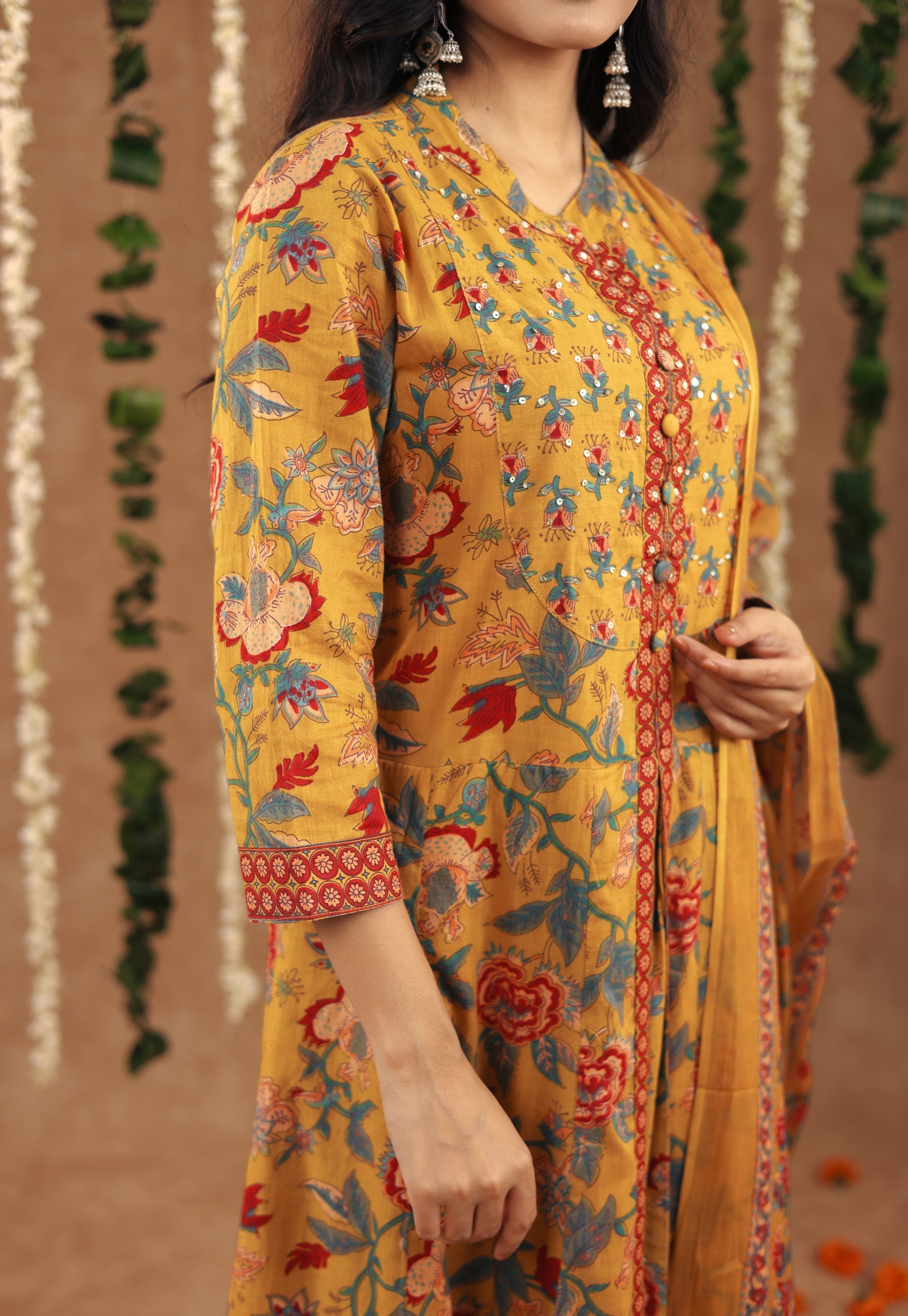 Women Festival Collection In Pure Cotton With Hand And Adda Mirror Work Mustard Yellow Flower Printed Kurti And Dupatta Set Fully Stitched Ready To Wear