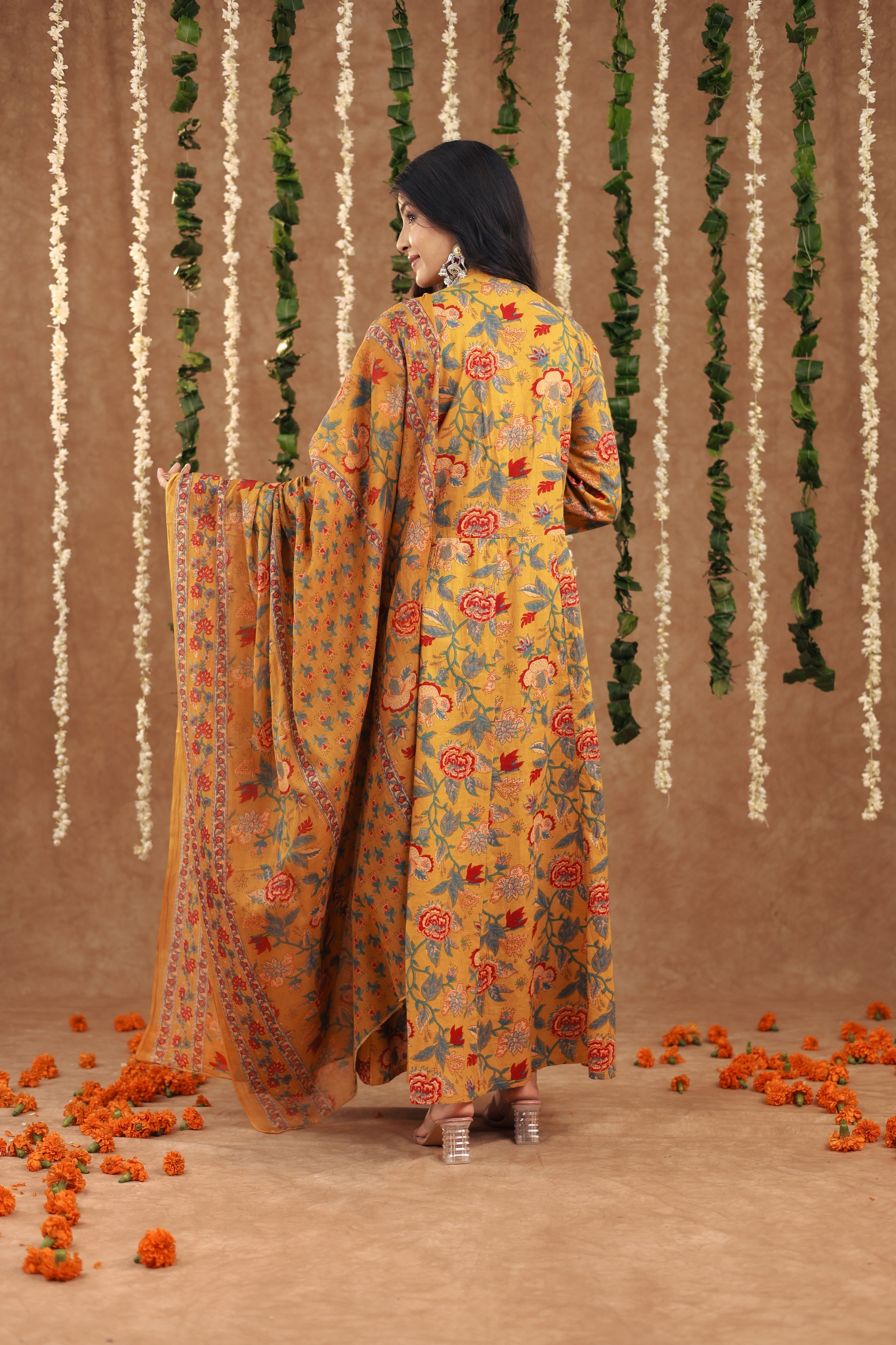 Women Festival Collection In Pure Cotton With Hand And Adda Mirror Work Mustard Yellow Flower Printed Kurti And Dupatta Set Fully Stitched Ready To Wear