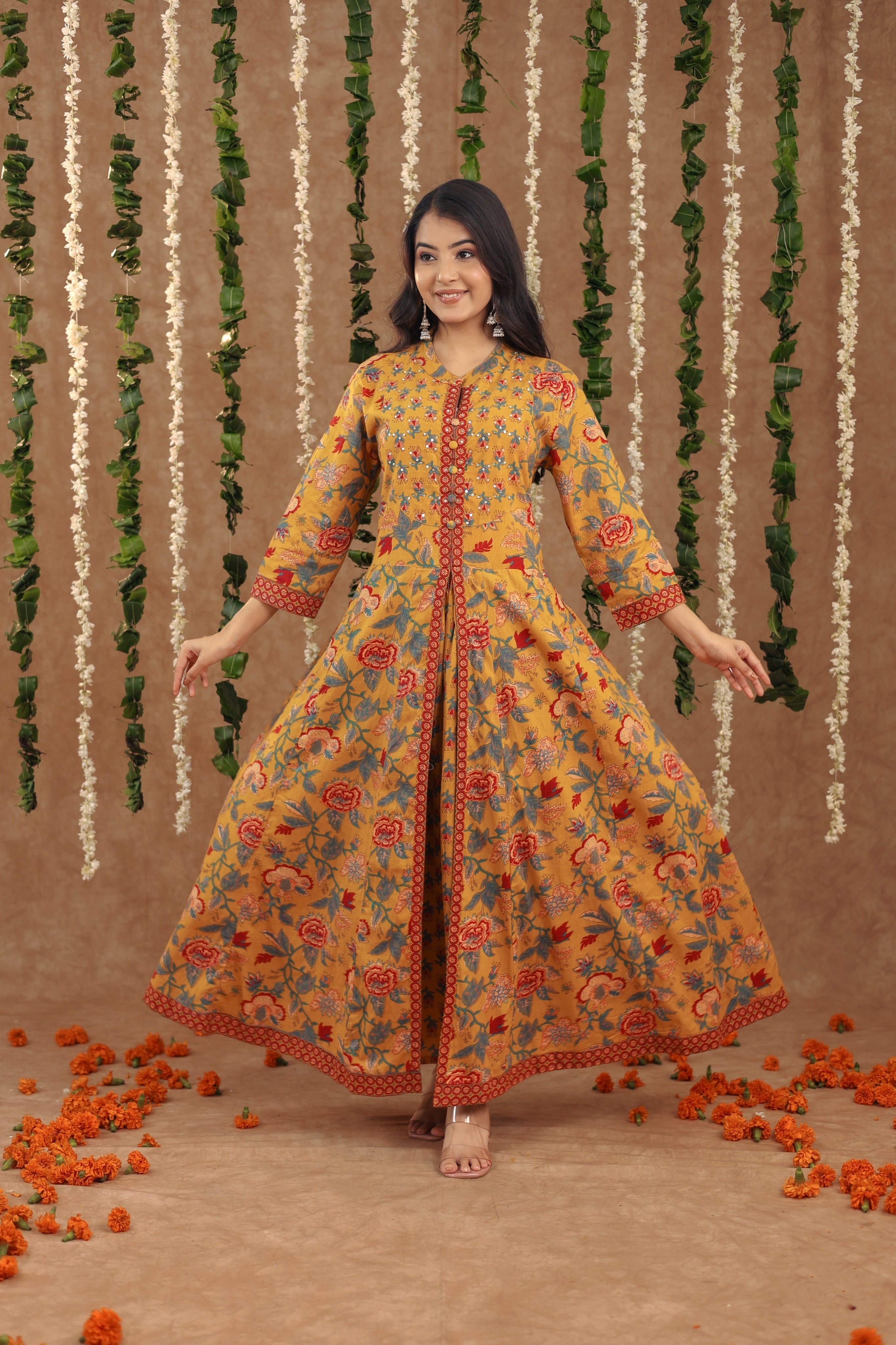 Women Festival Collection In Pure Cotton With Hand And Adda Mirror Work Mustard Yellow Flower Printed Kurti And Dupatta Set Fully Stitched Ready To Wear