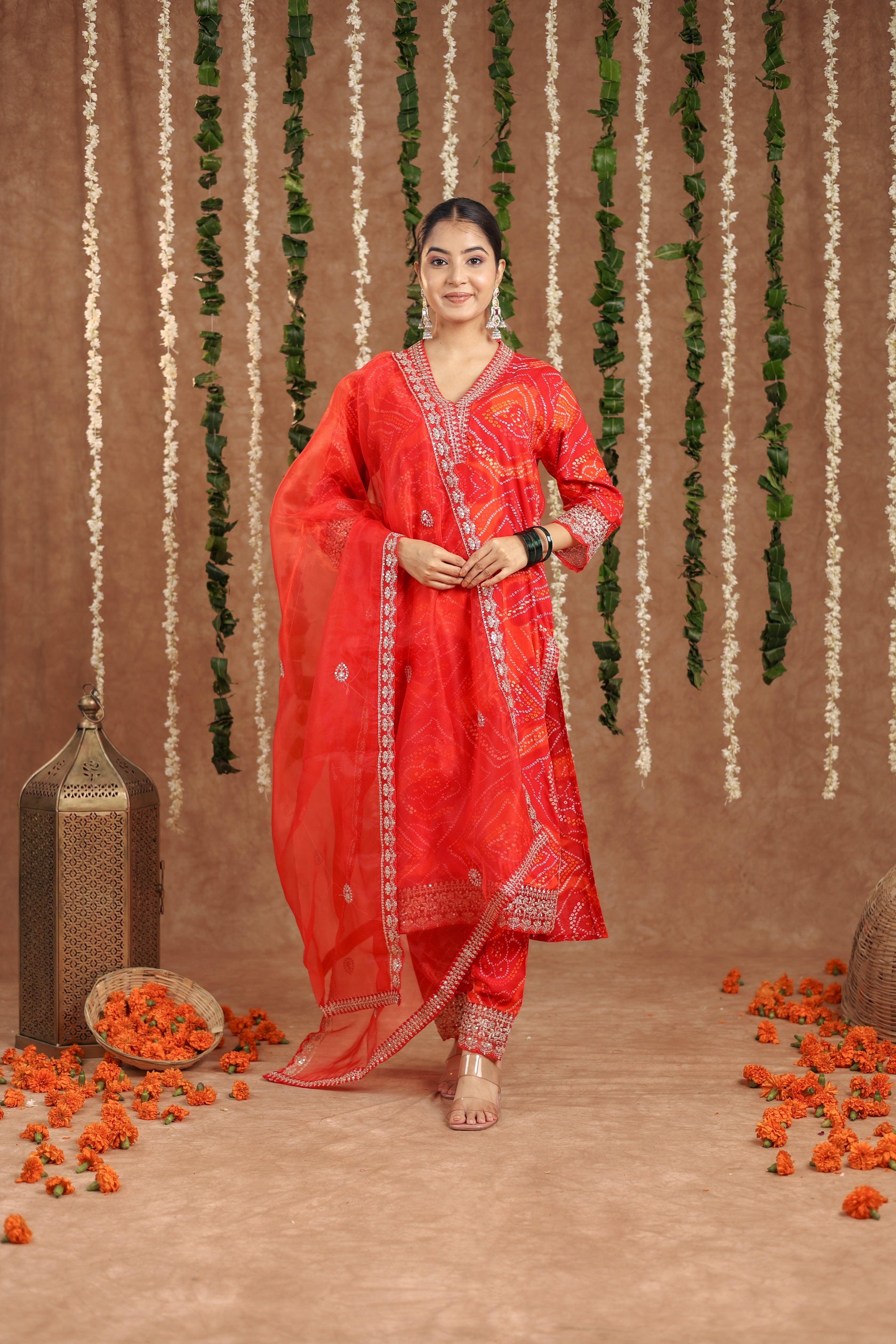 Women Party Wear Bandhani Printed With Lace Worked Rayon Red Kurta With Pant and Orgenza Dupatta (Copy)
