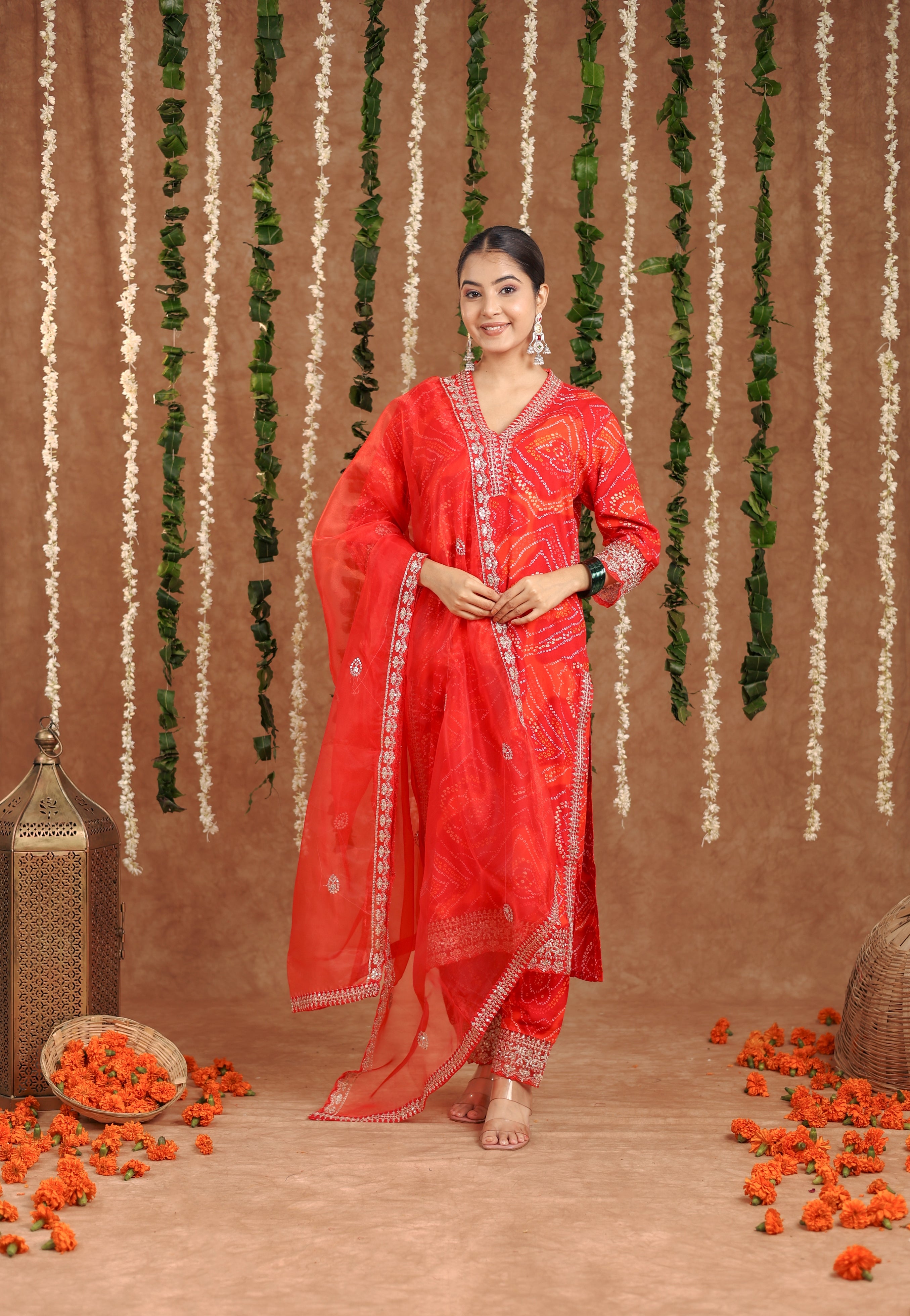 Women Party Wear Bandhani Printed With Lace Worked Rayon Red Kurta With Pant and Orgenza Dupatta (Copy)