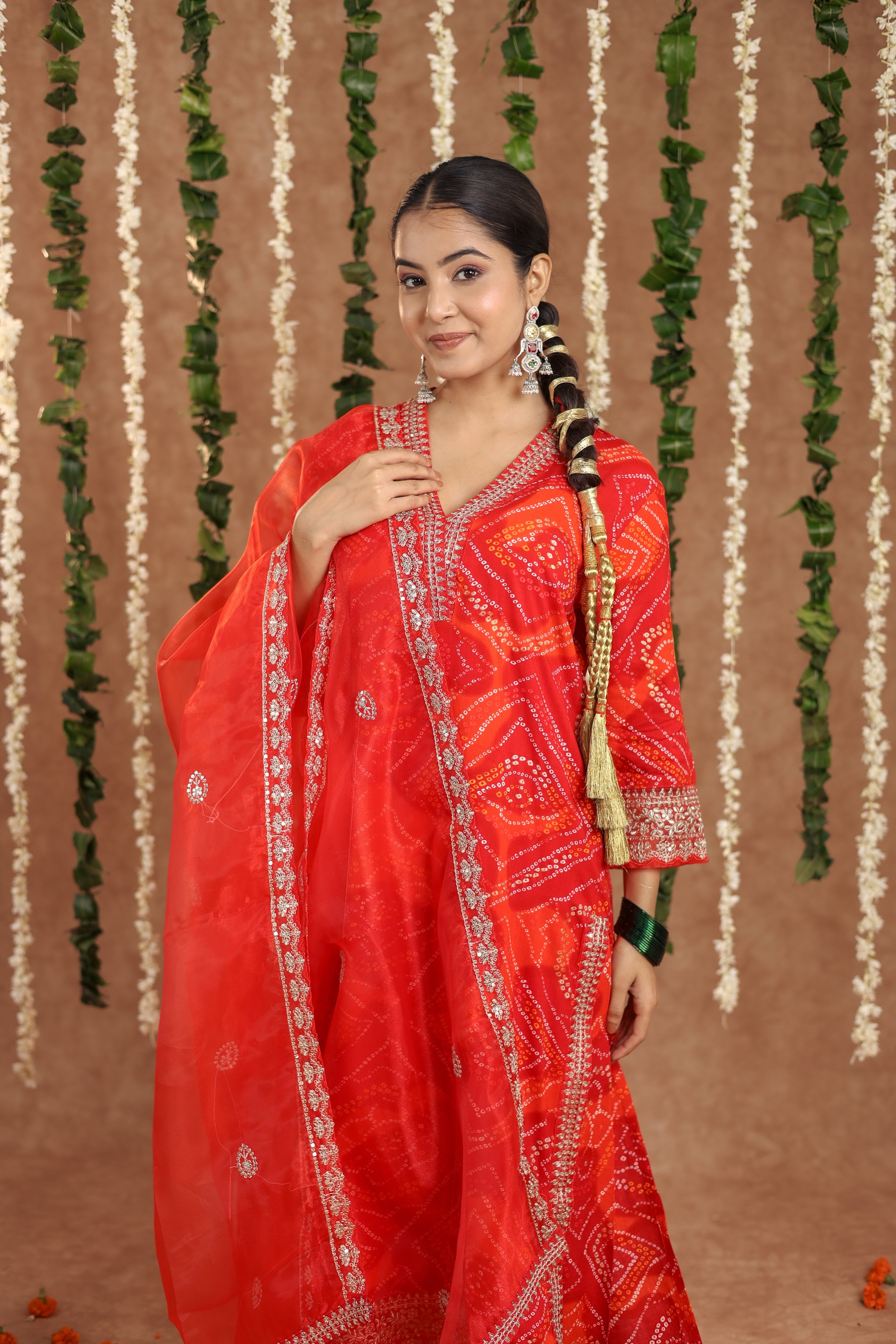 Women Party Wear Bandhani Printed With Lace Worked Rayon Red Kurta With Pant and Orgenza Dupatta (Copy)