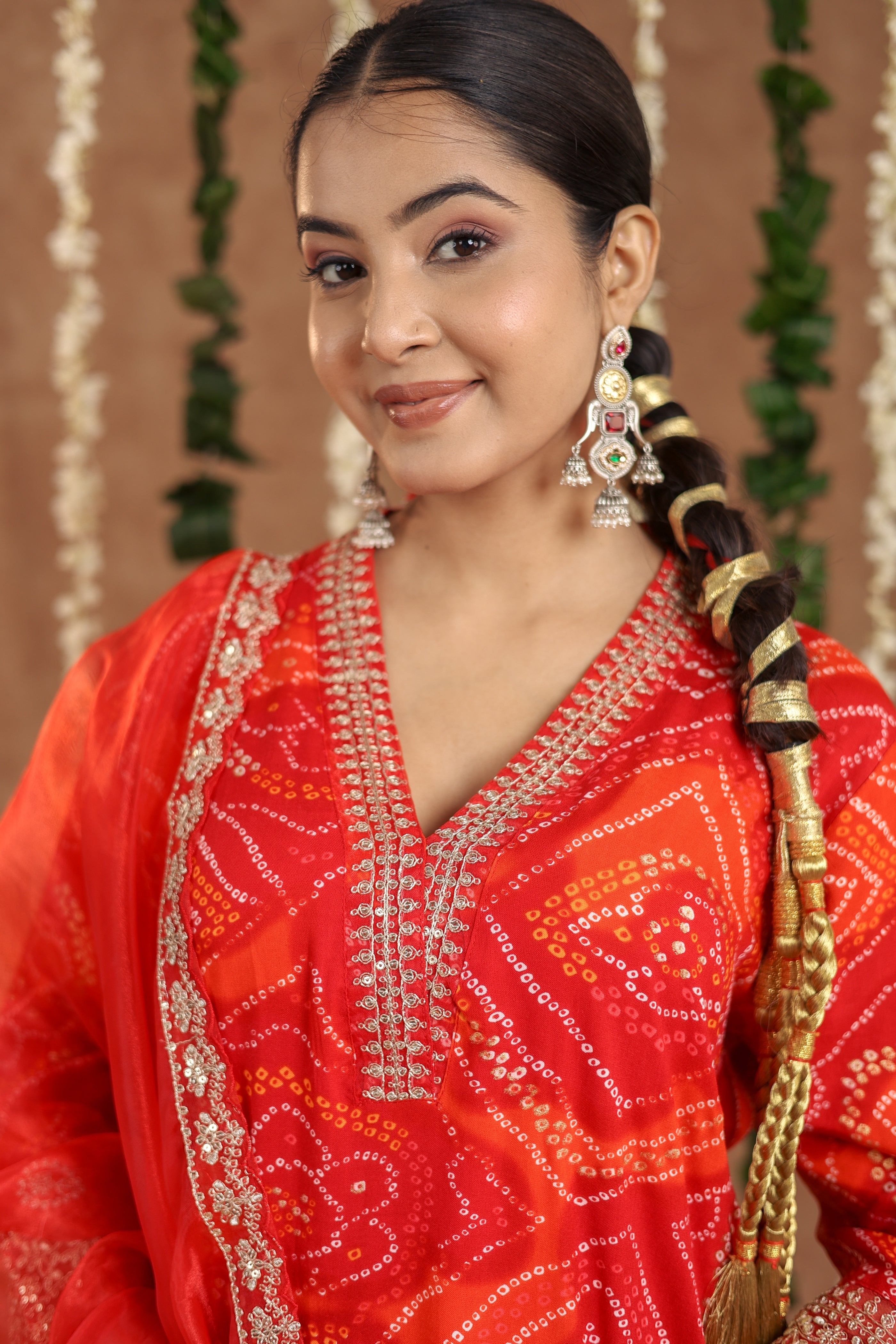 Women Party Wear Bandhani Printed With Lace Worked Rayon Red Kurta With Pant and Orgenza Dupatta (Copy)