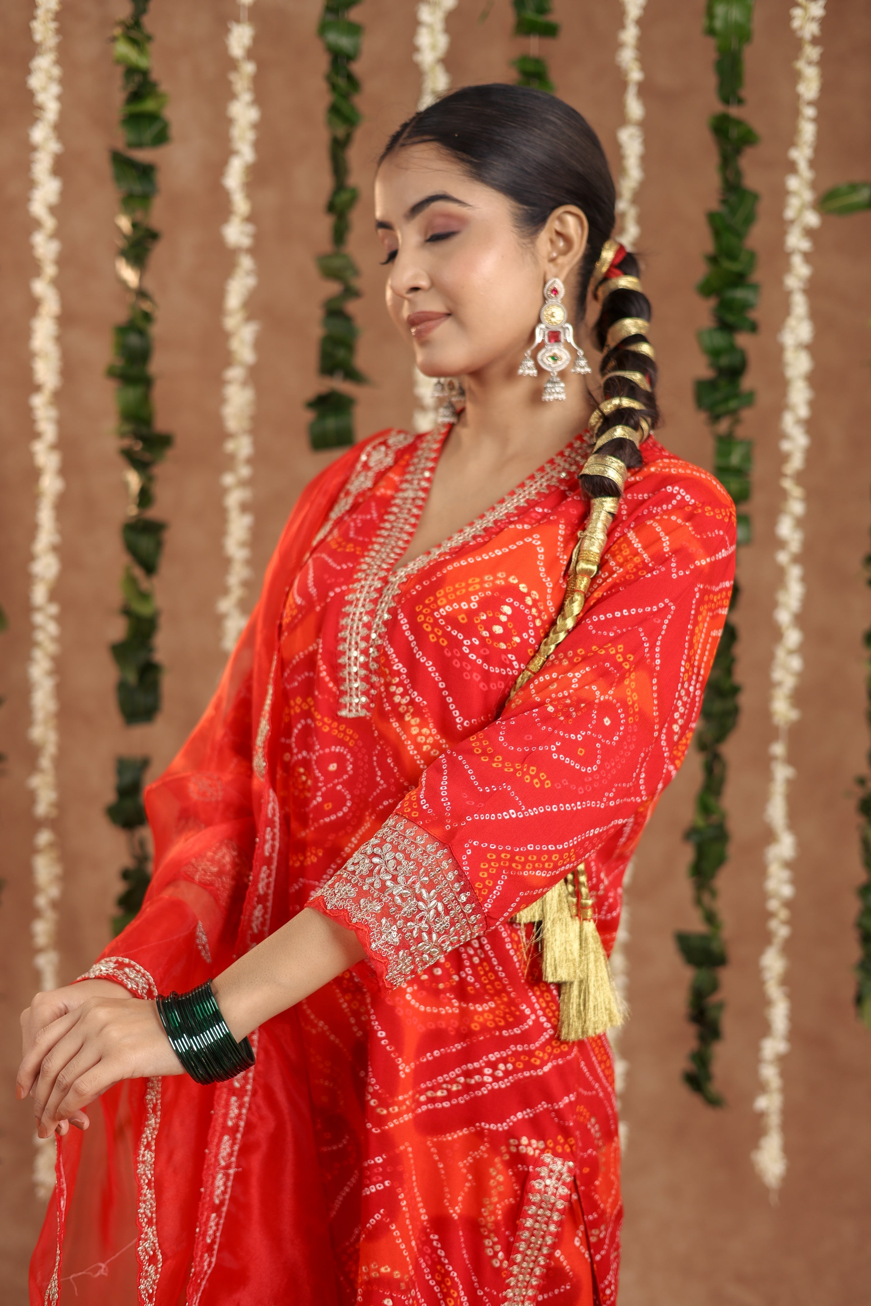 Women Party Wear Bandhani Printed With Lace Worked Rayon Red Kurta With Pant and Orgenza Dupatta (Copy)