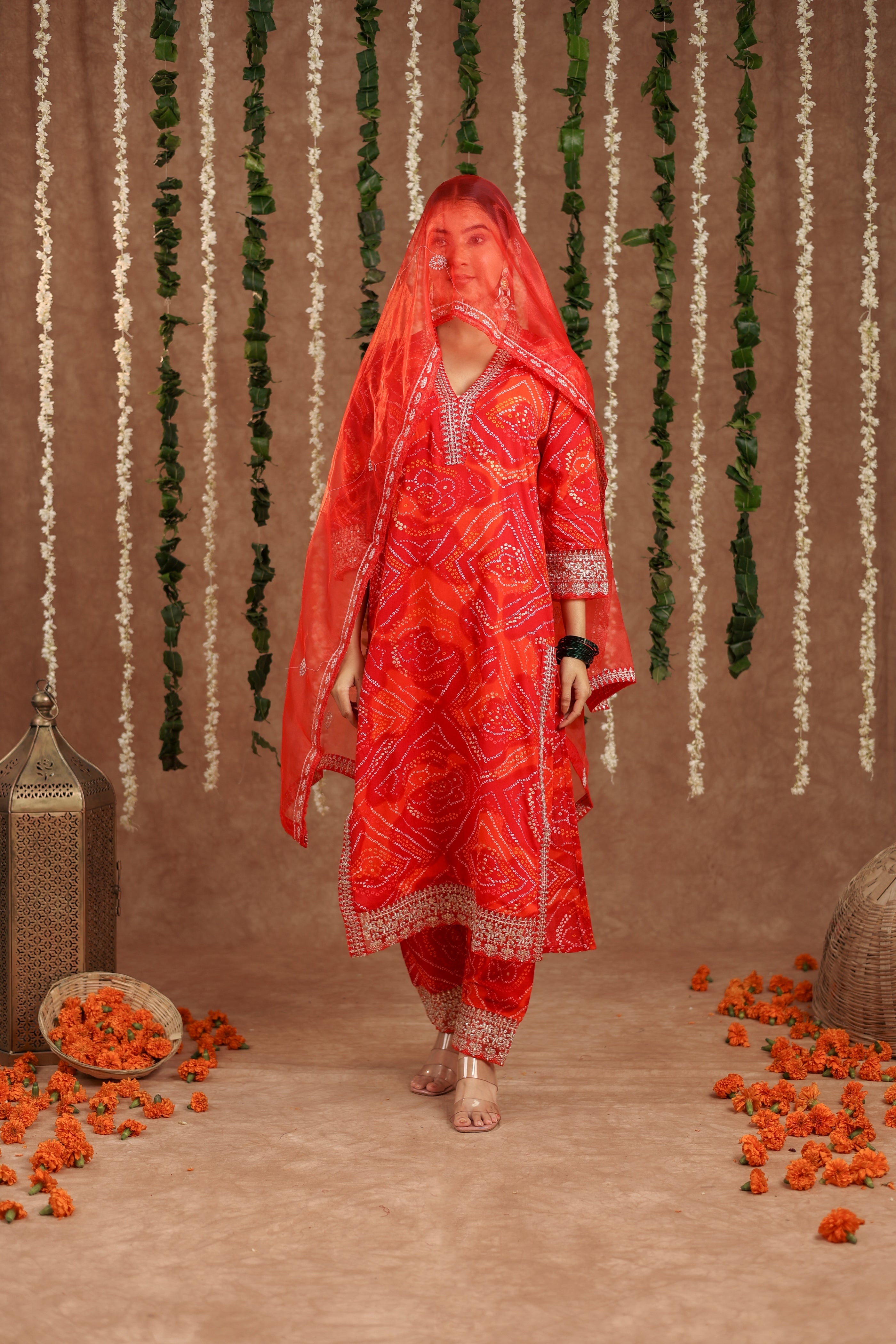 Women Party Wear Bandhani Printed With Lace Worked Rayon Red Kurta With Pant and Orgenza Dupatta (Copy)