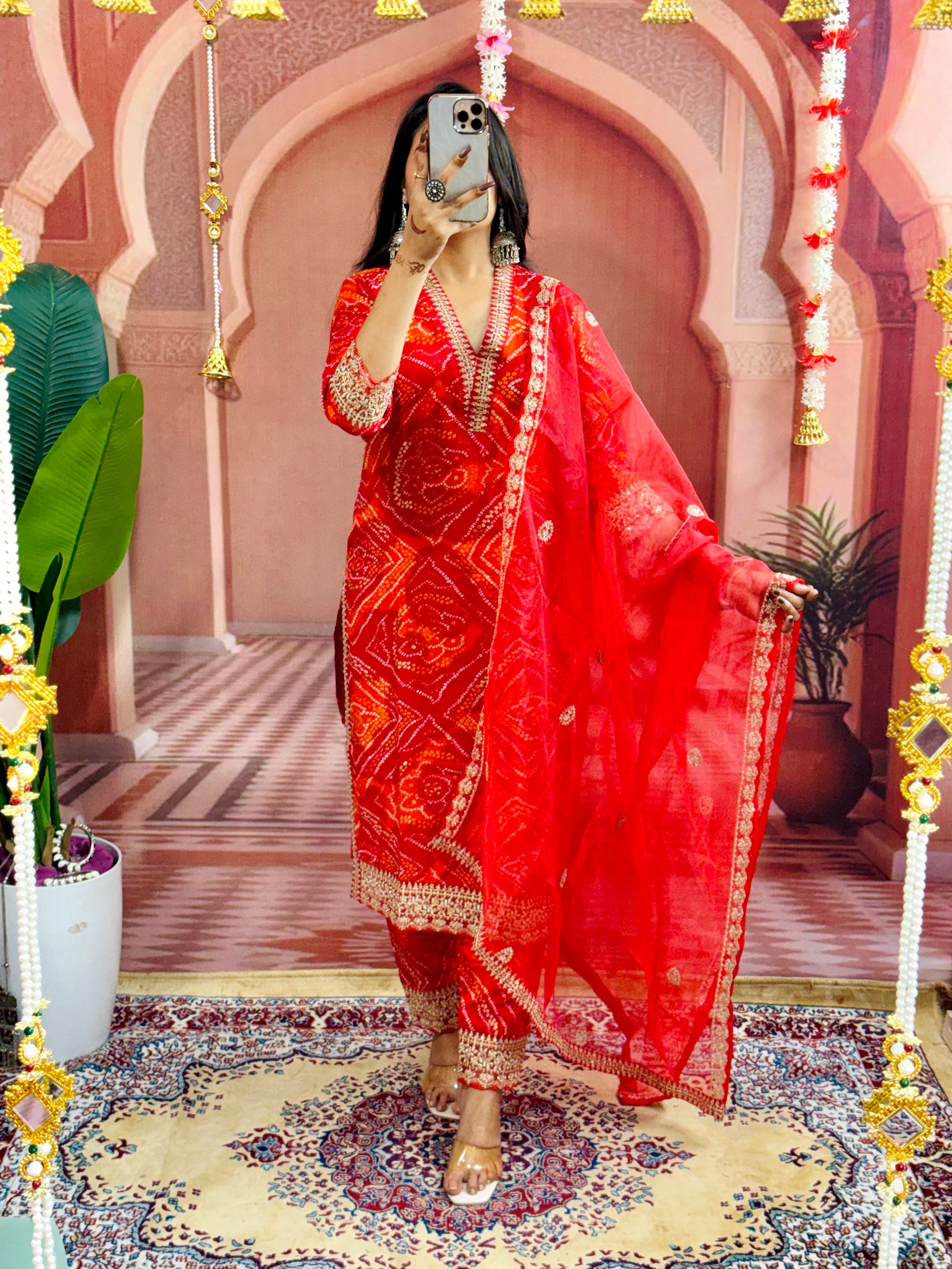 Party Wear Bandhani Printed With Lace Worked Rayon Red Kurta With Pant and Orgenza Dupatta