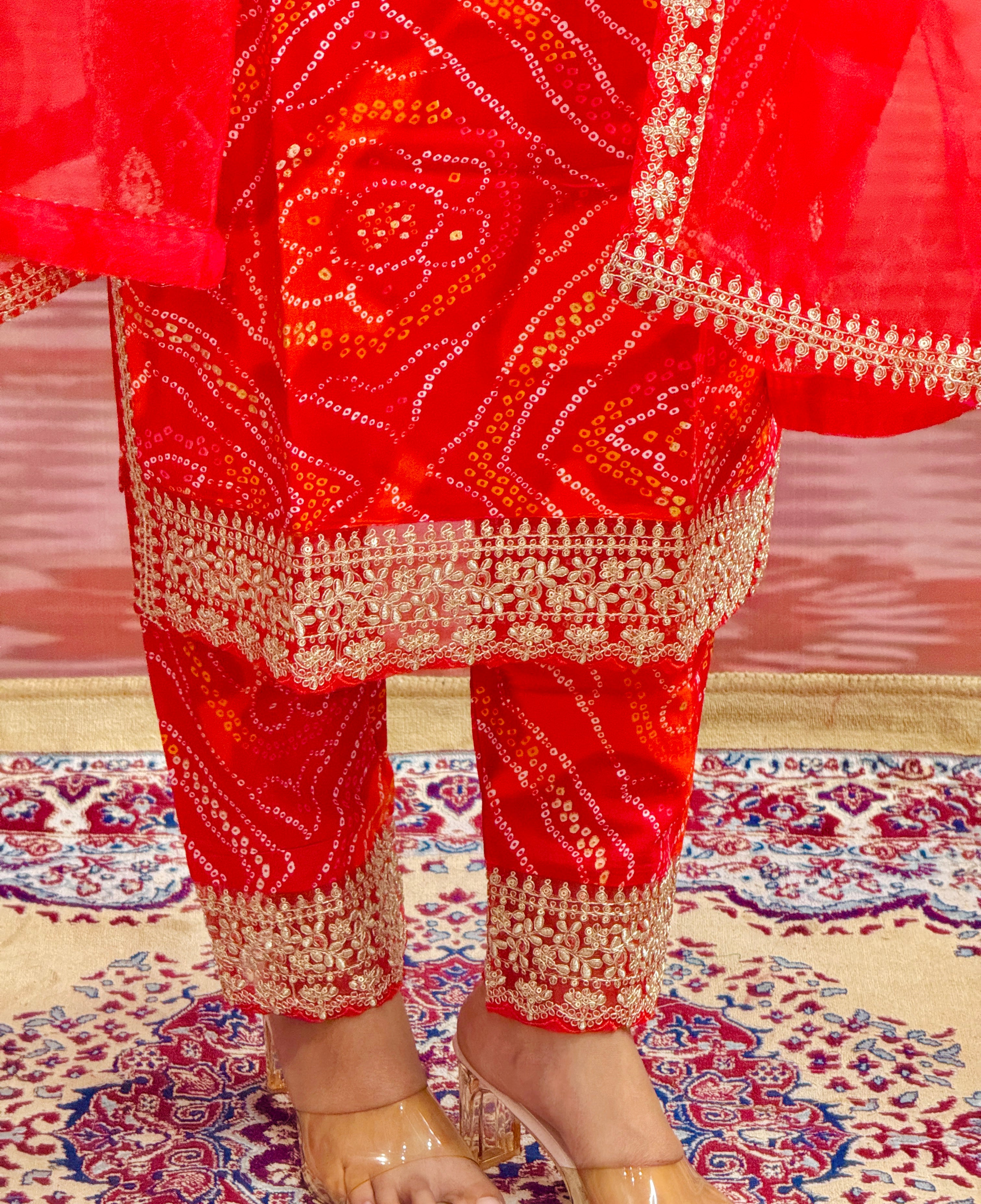 Party Wear Bandhani Printed With Lace Worked Rayon Red Kurta With Pant and Orgenza Dupatta