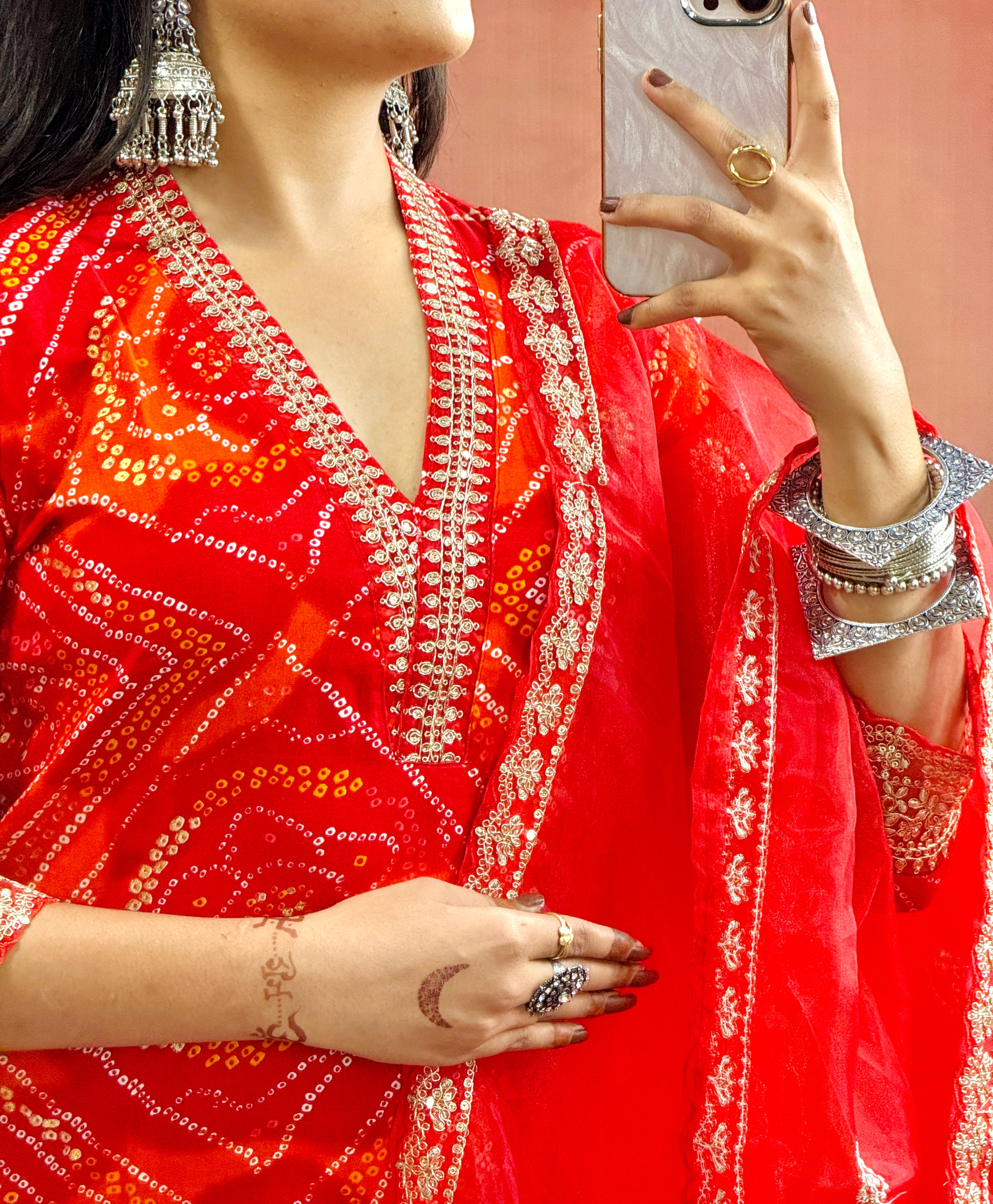 Party Wear Bandhani Printed With Lace Worked Rayon Red Kurta With Pant and Orgenza Dupatta