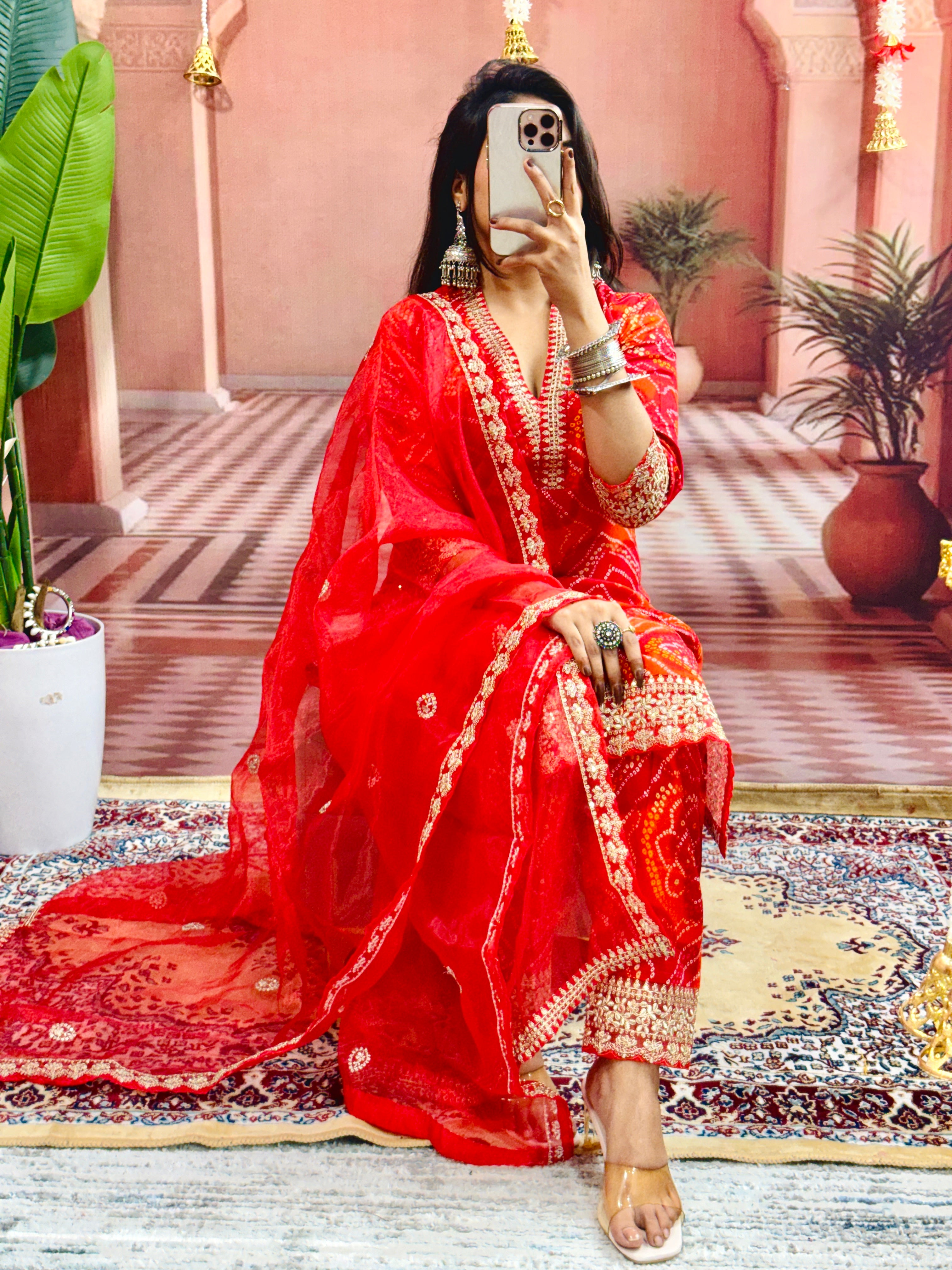 Party Wear Bandhani Printed With Lace Worked Rayon Red Kurta With Pant and Orgenza Dupatta