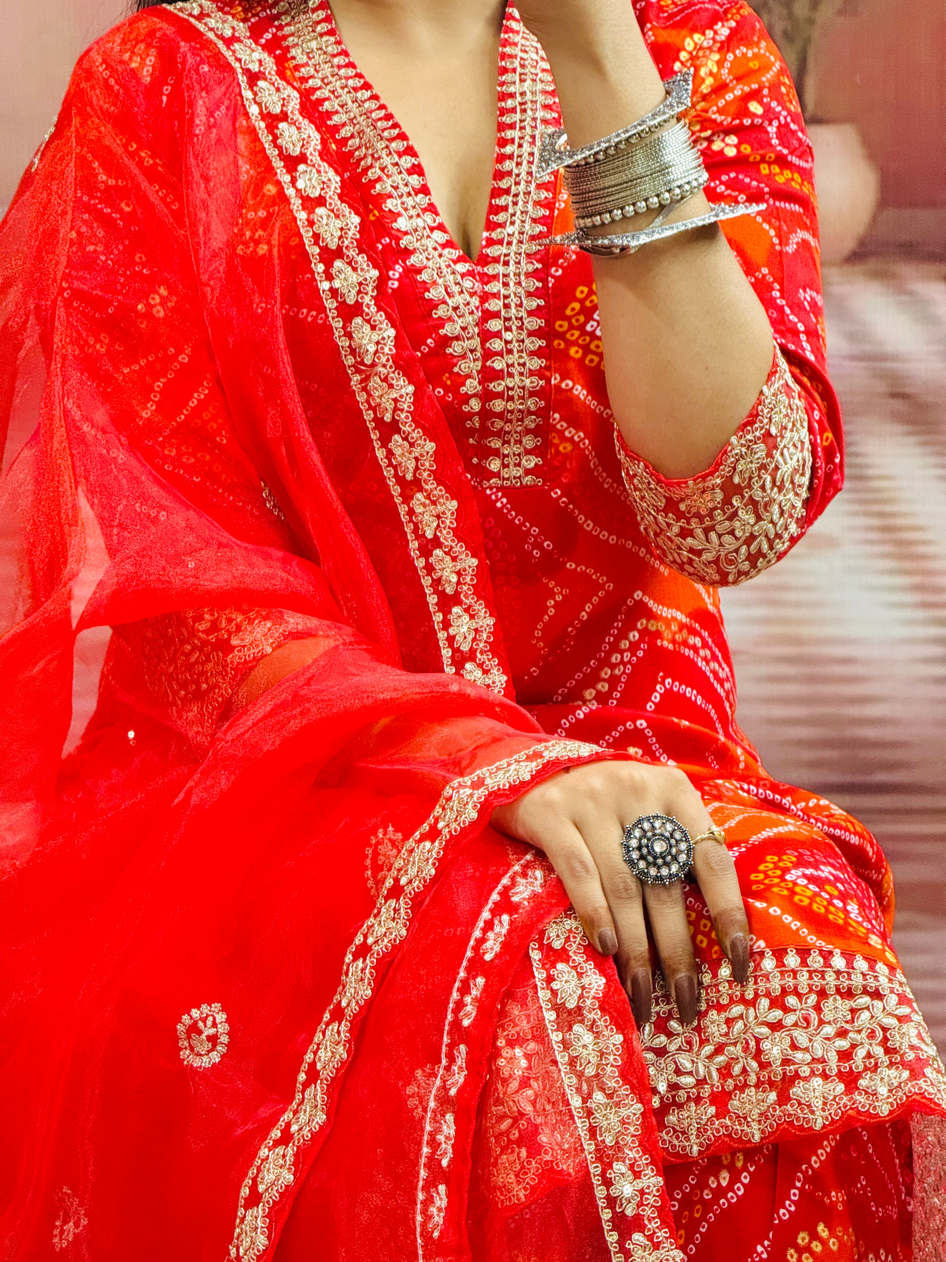 Party Wear Bandhani Printed With Lace Worked Rayon Red Kurta With Pant and Orgenza Dupatta