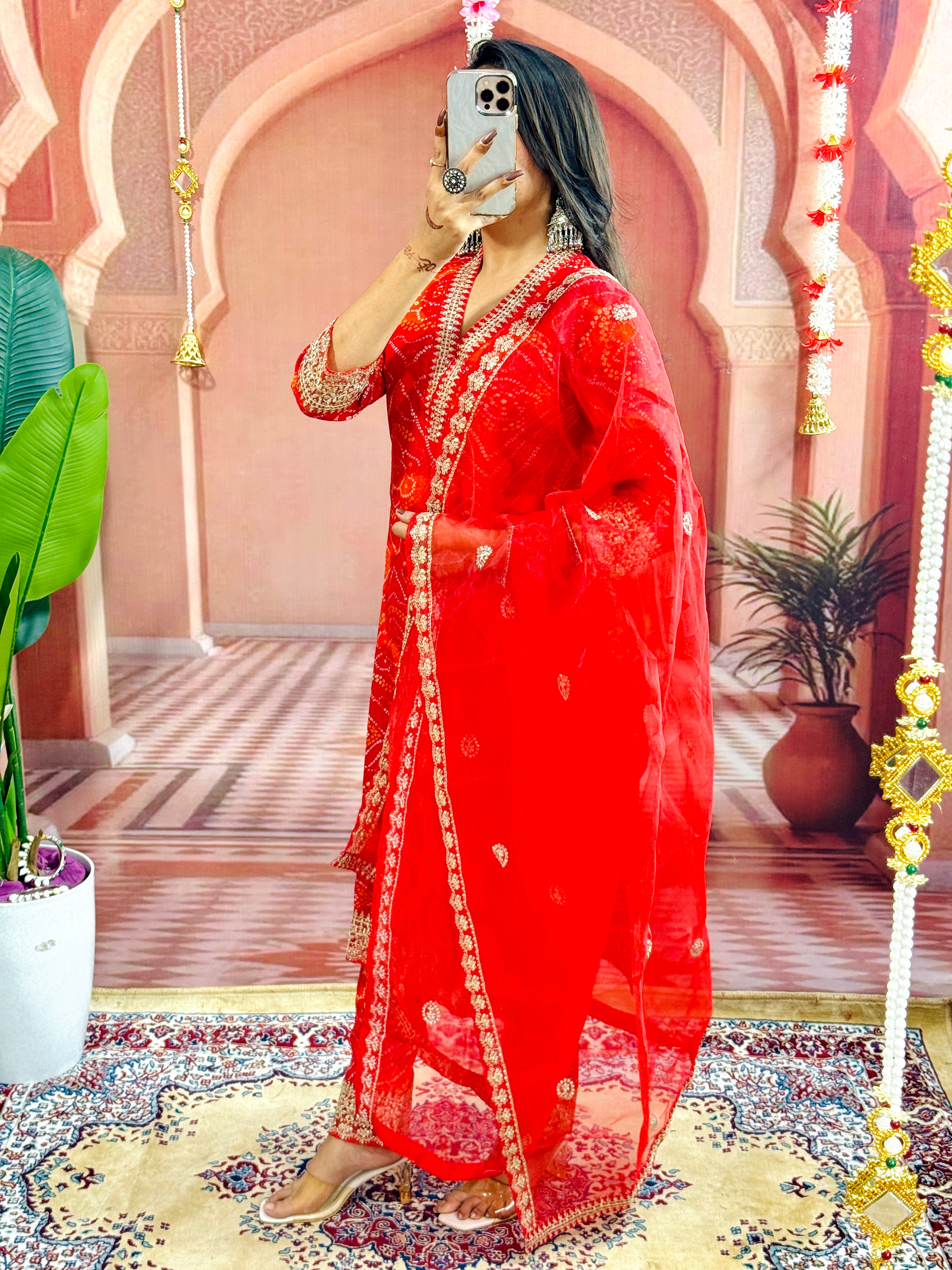 Party Wear Bandhani Printed With Lace Worked Rayon Red Kurta With Pant and Orgenza Dupatta