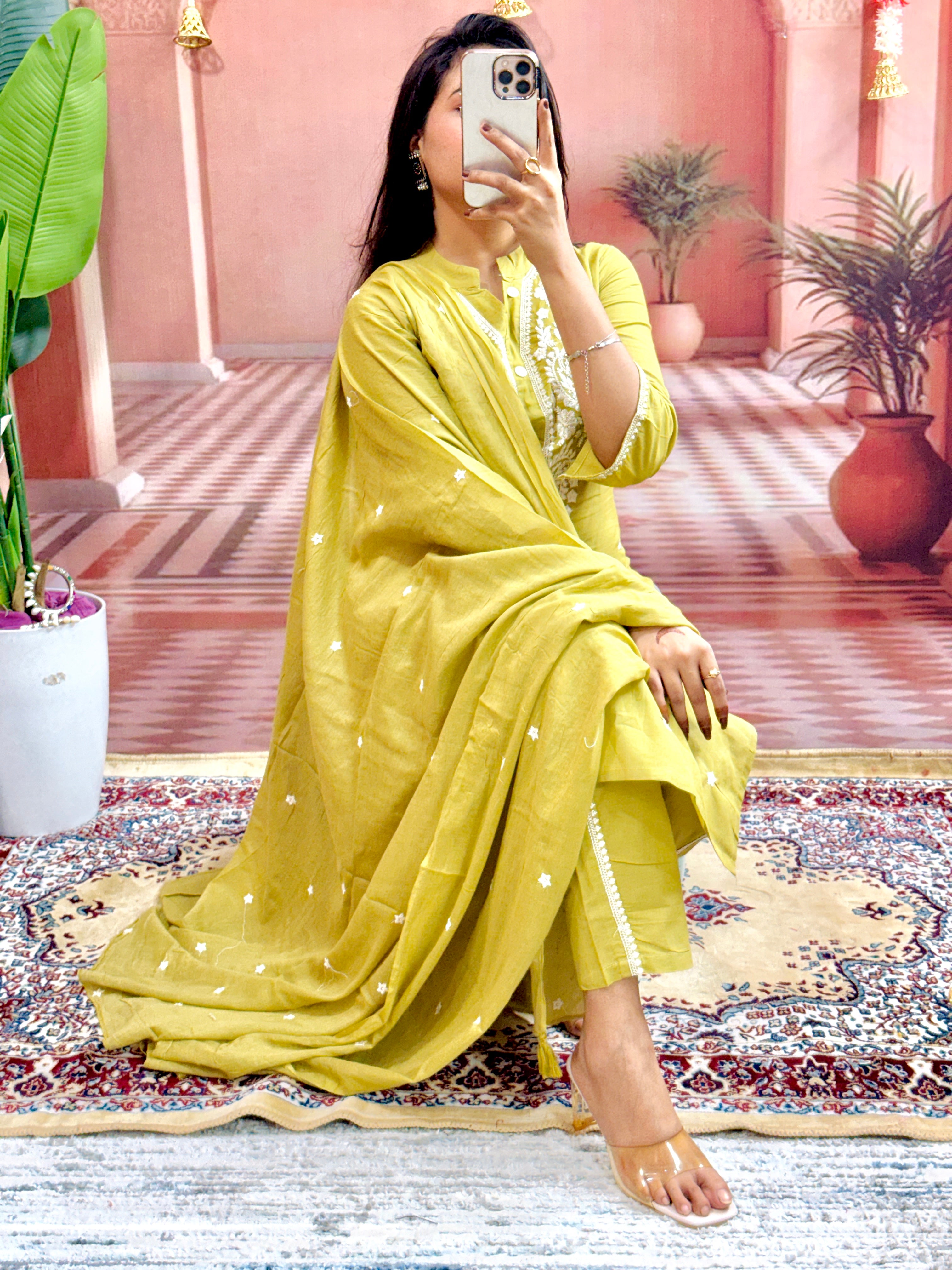 Women Embroidered Panel Worked Straight Cotton Mehndi Green Kurta With Pant and Dupatta