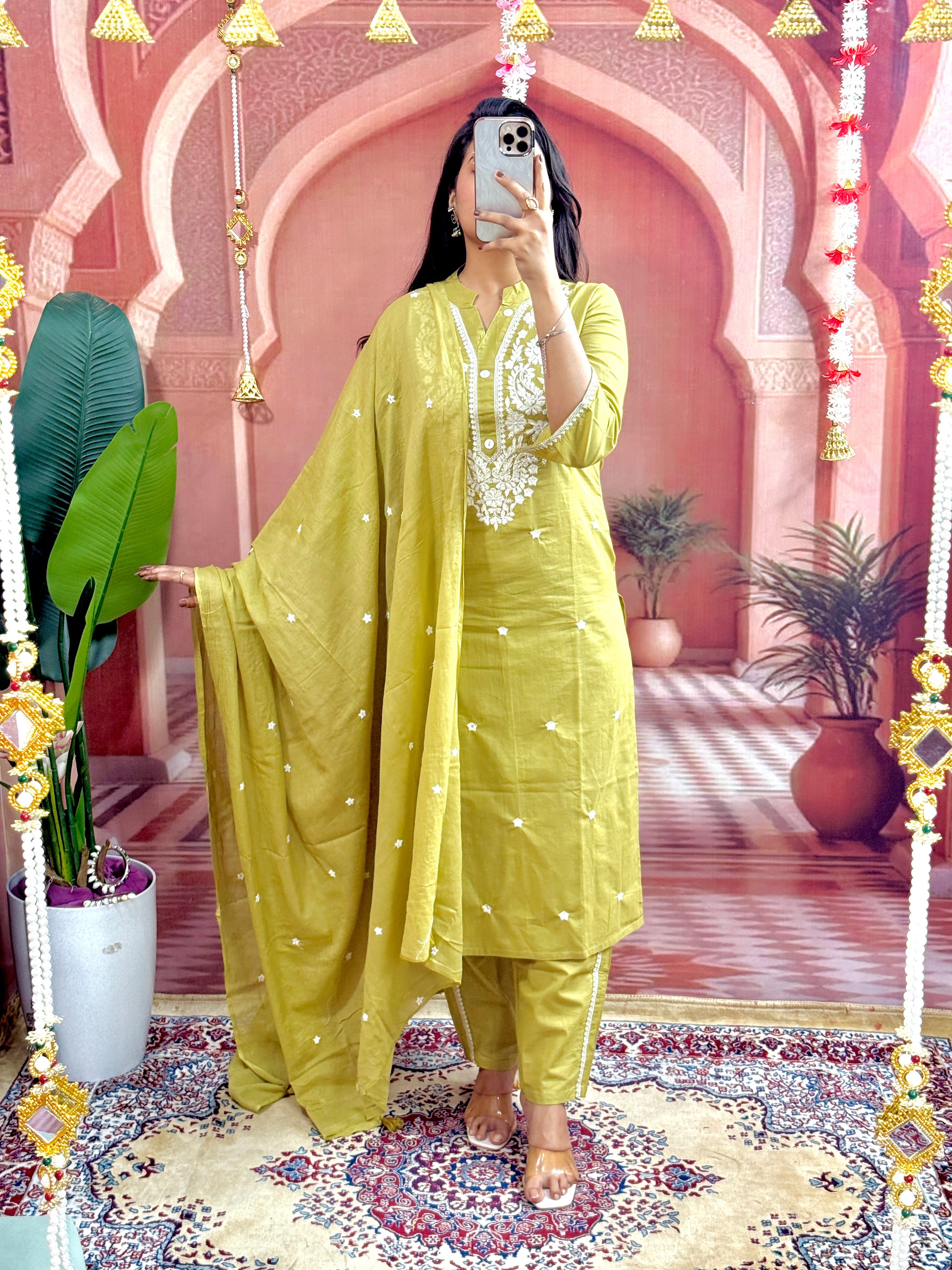 Women Embroidered Panel Worked Straight Cotton Mehndi Green Kurta With Pant and Dupatta