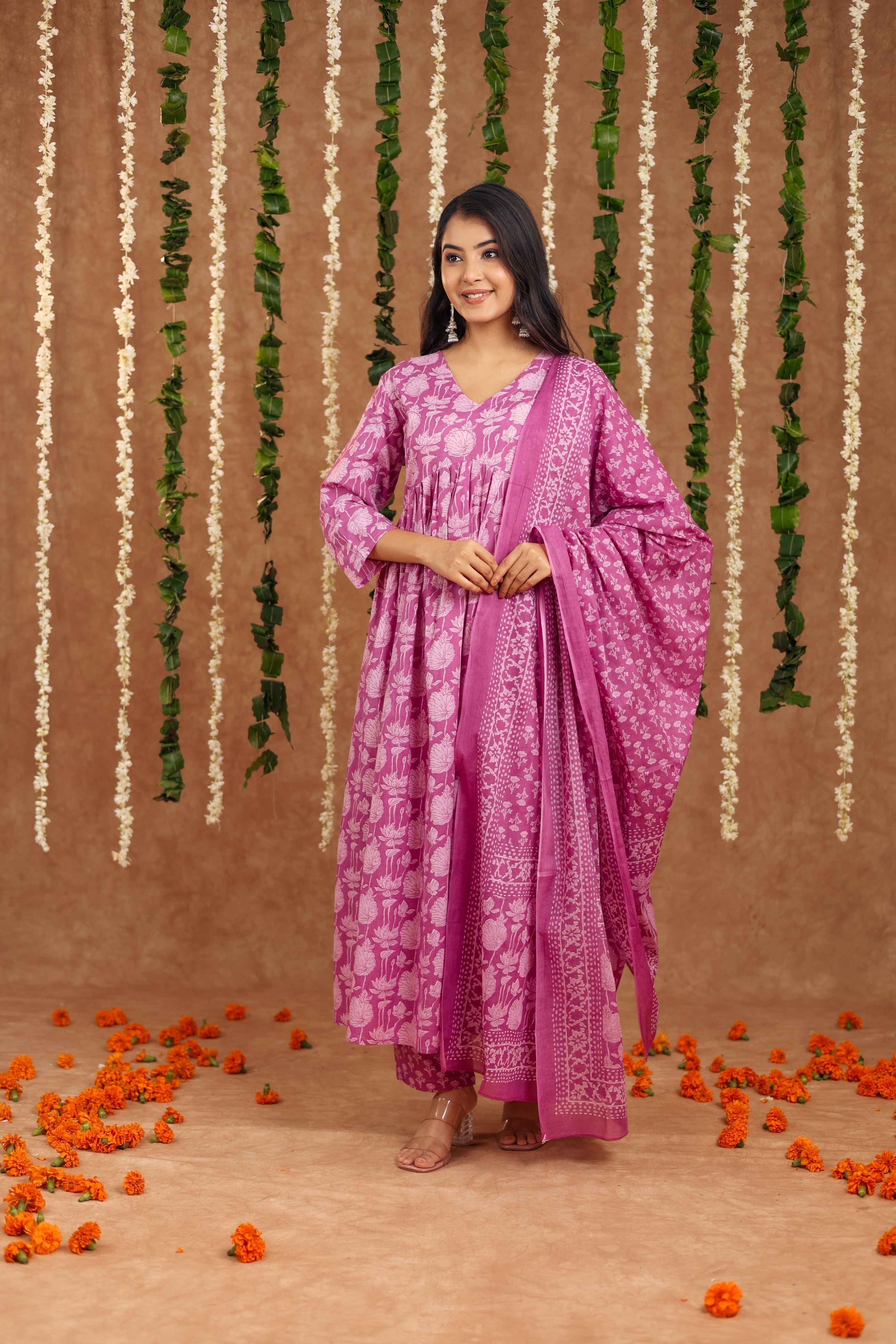 Women Trendy Onion Pink Cotton Flower Printed Mirror Worked Kurta And Pant With Cotton Mulmul Dupatta