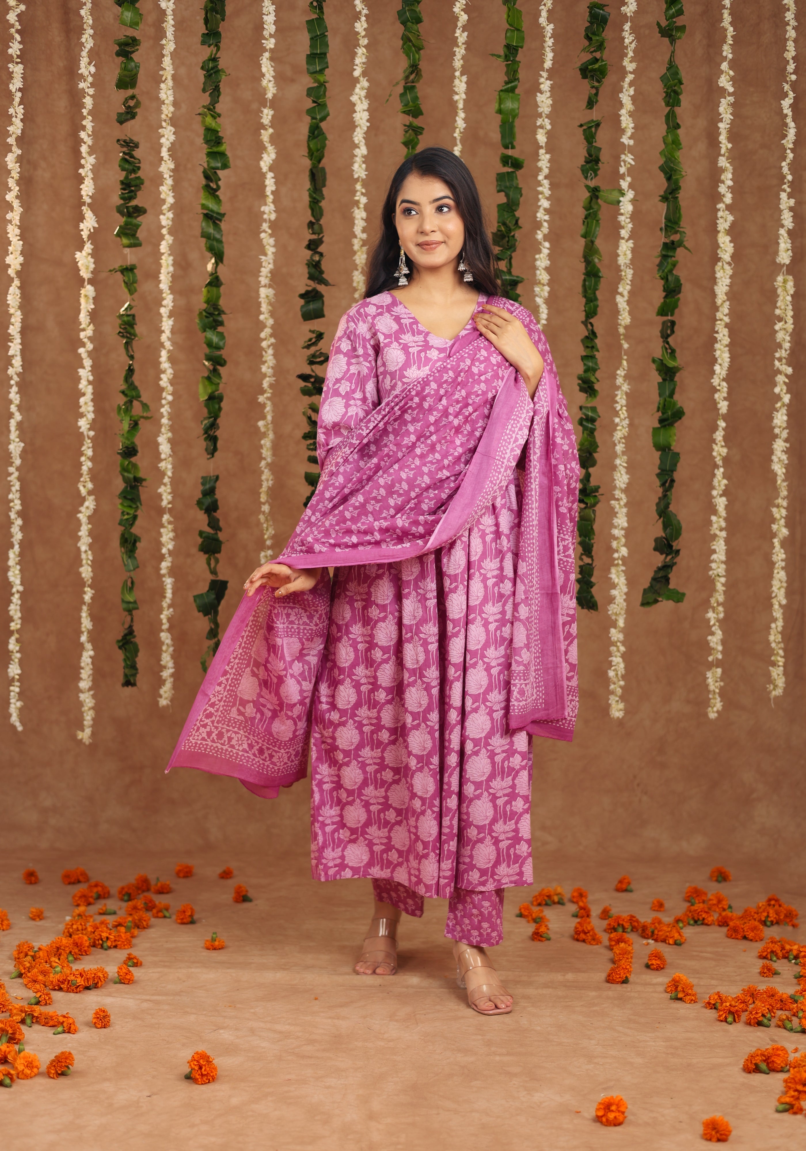 Women Trendy Onion Pink Cotton Flower Printed Mirror Worked Kurta And Pant With Cotton Mulmul Dupatta
