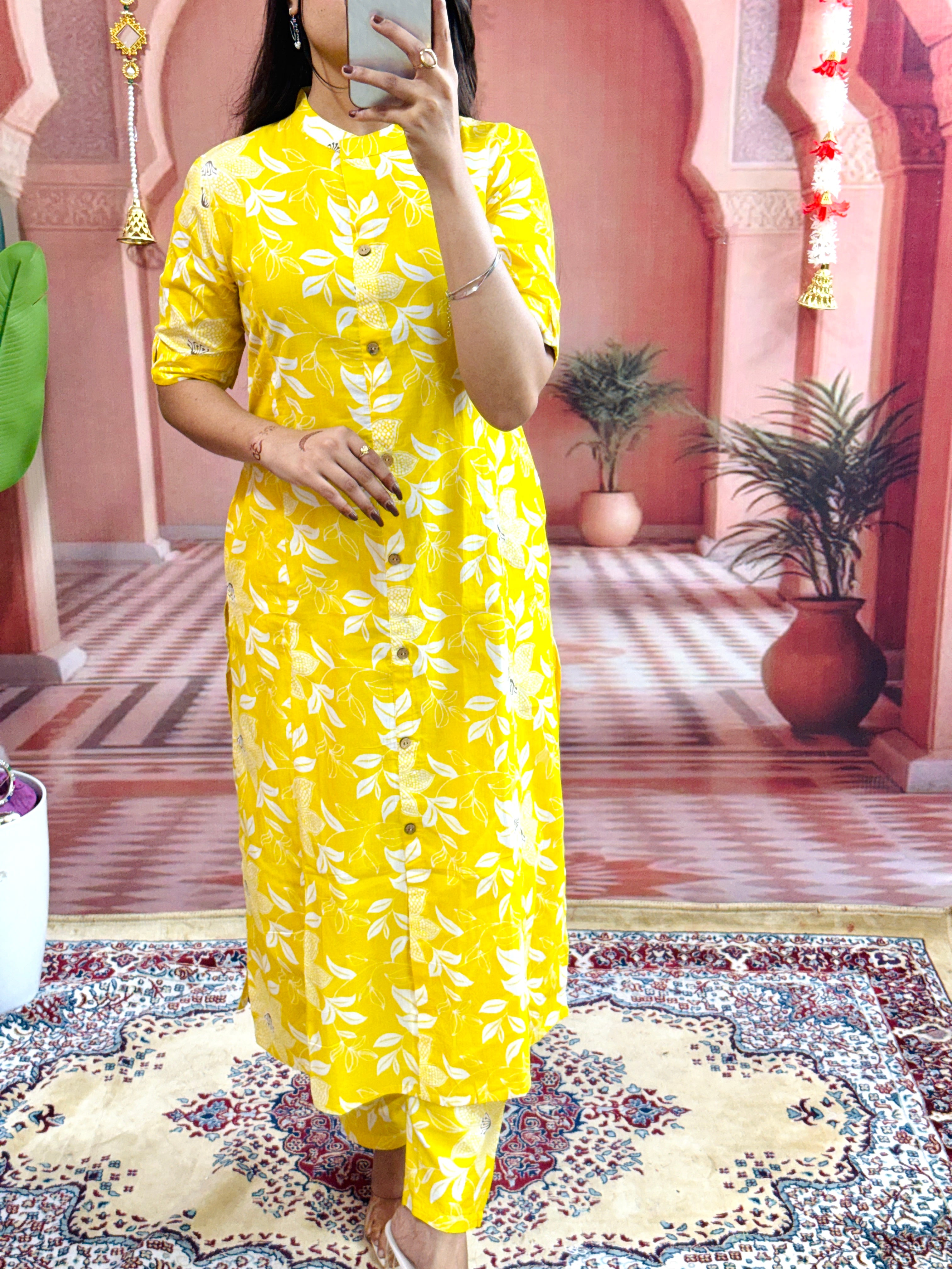 Women Yellow Floral Fine Printed Cotton Co-ord Set Aline Pattern Paried With Ankle Length Pant (CORD SET)