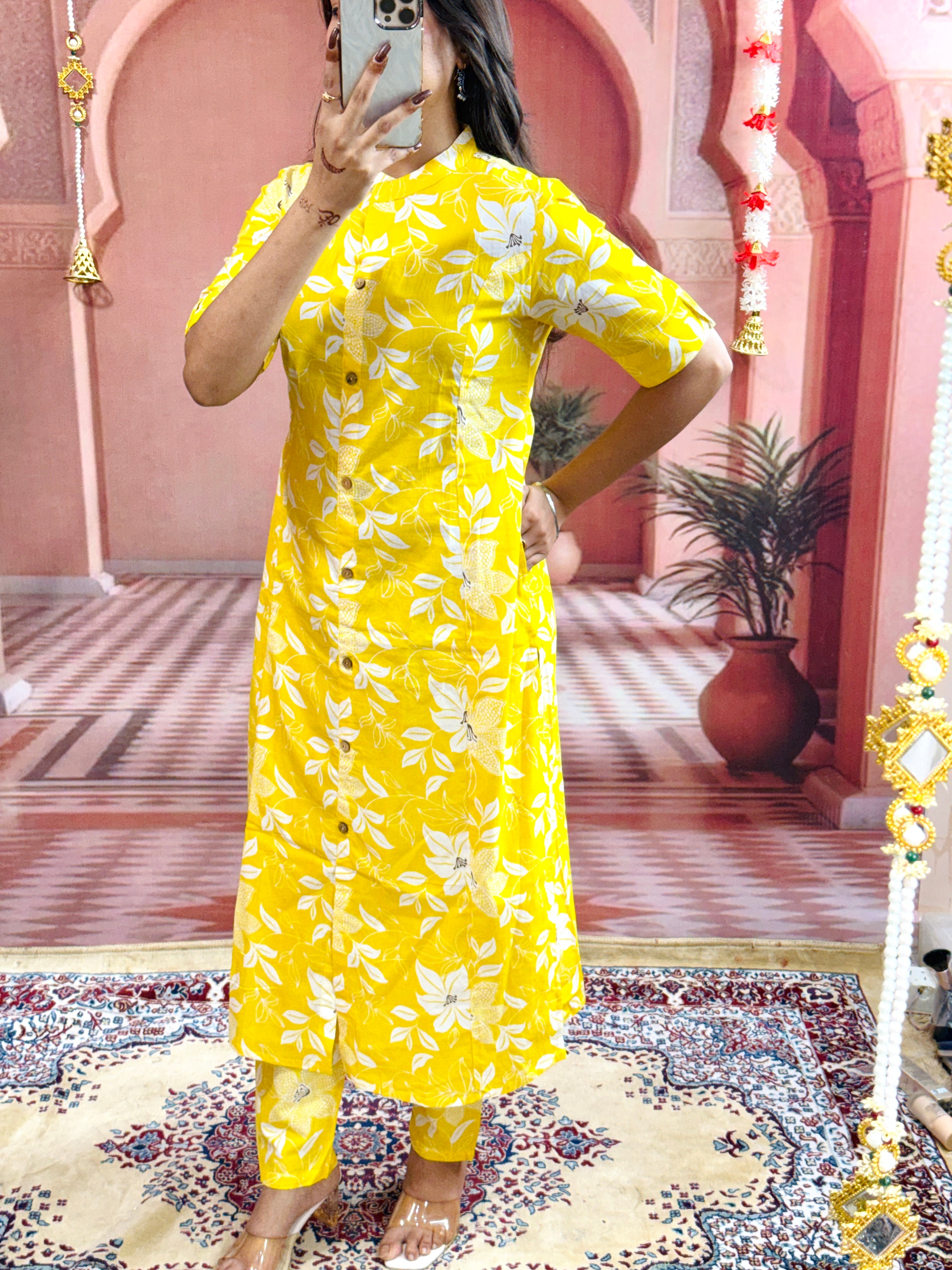 Women Yellow Floral Fine Printed Cotton Co-ord Set Aline Pattern Paried With Ankle Length Pant (CORD SET)