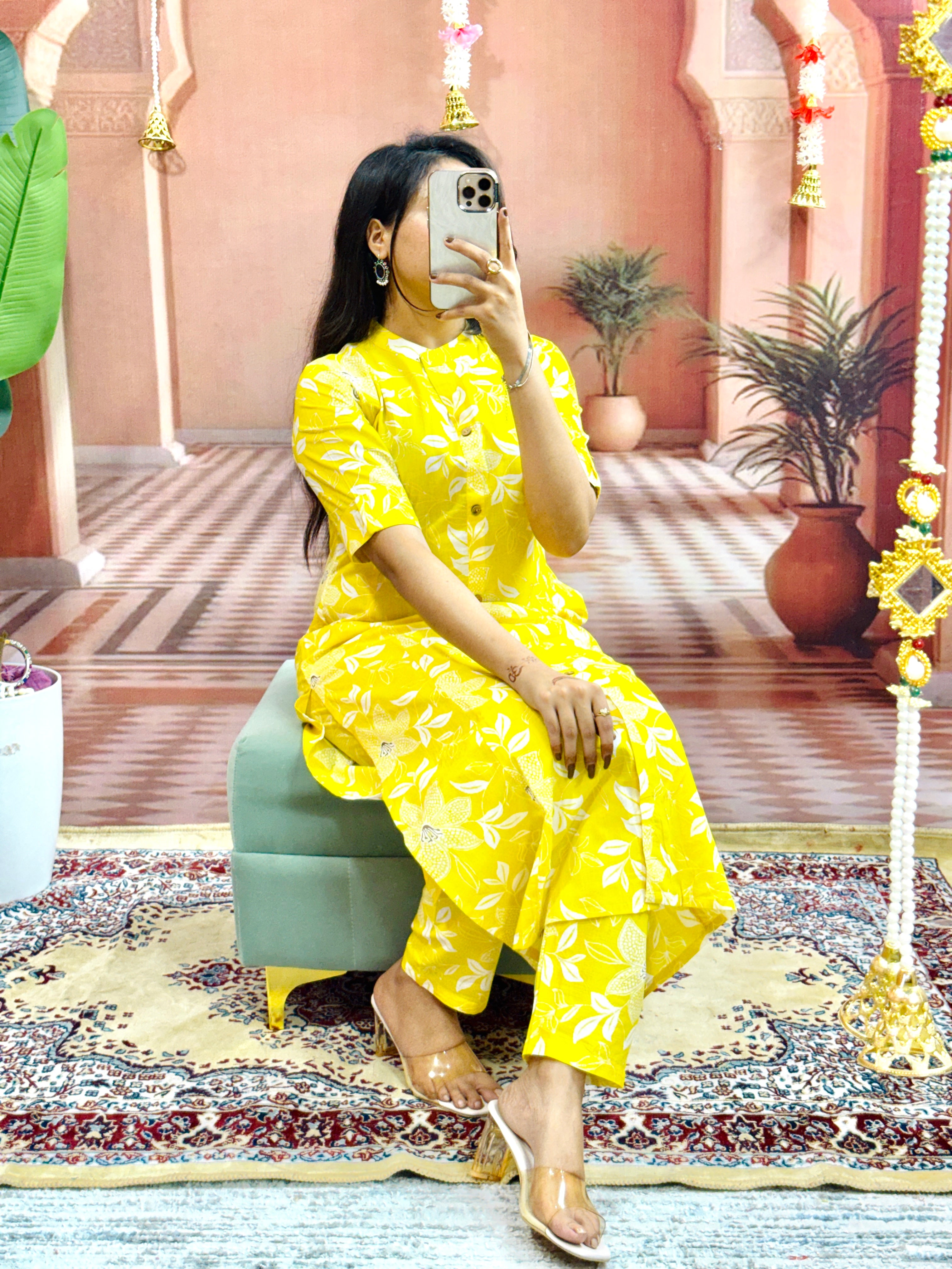 Women Yellow Floral Fine Printed Cotton Co-ord Set Aline Pattern Paried With Ankle Length Pant (CORD SET)