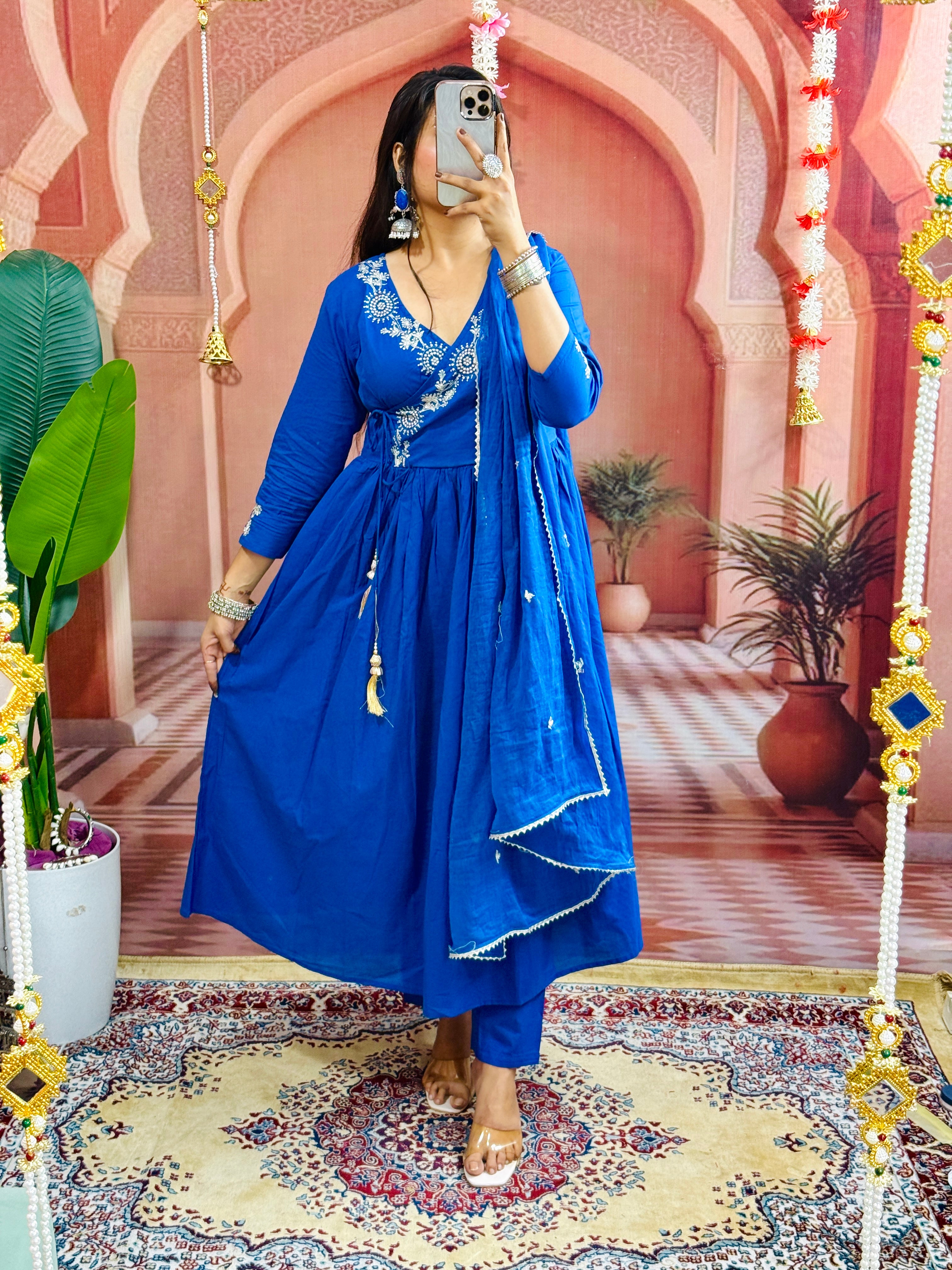 Beautiful Heavy Embroidery on kurtas and sleeves and  Sequence Work on Front Yoke Cotton Blue Kurta  With Pant and Dupatta