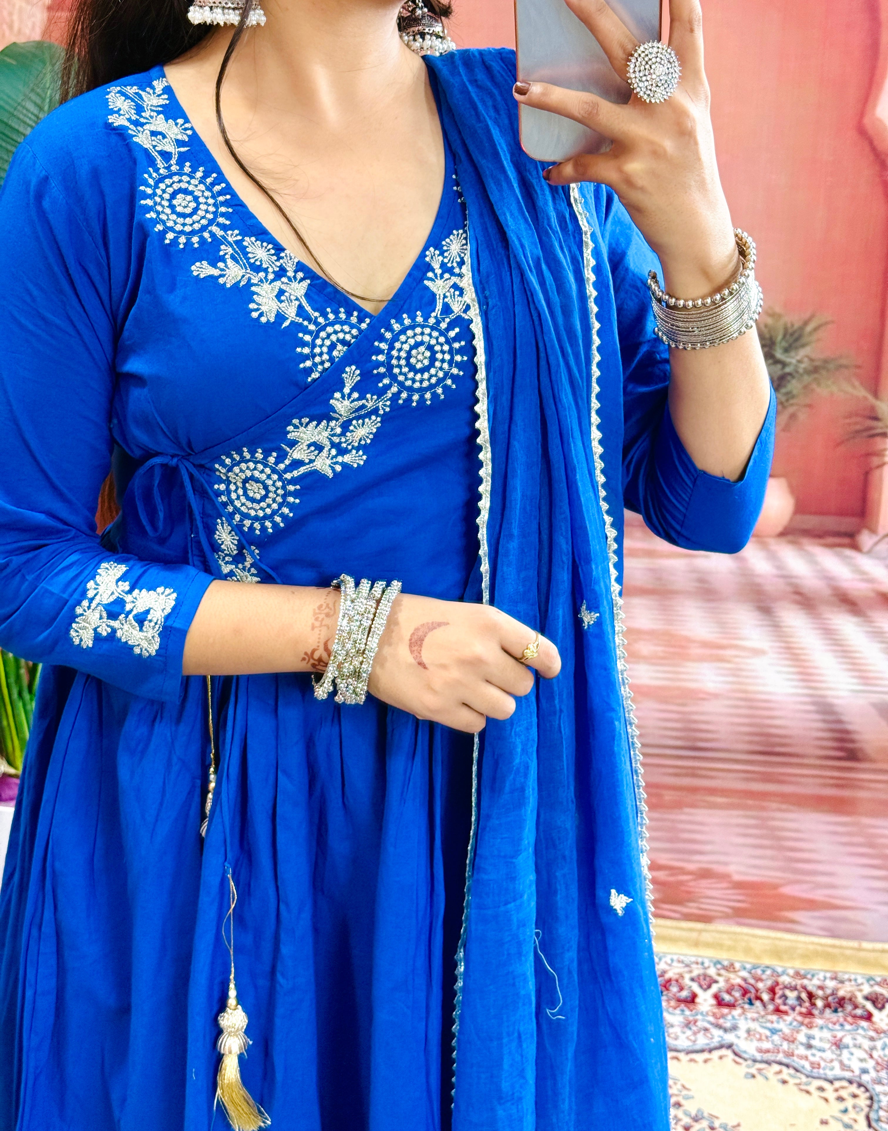 Beautiful Heavy Embroidery on kurtas and sleeves and  Sequence Work on Front Yoke Cotton Blue Kurta  With Pant and Dupatta