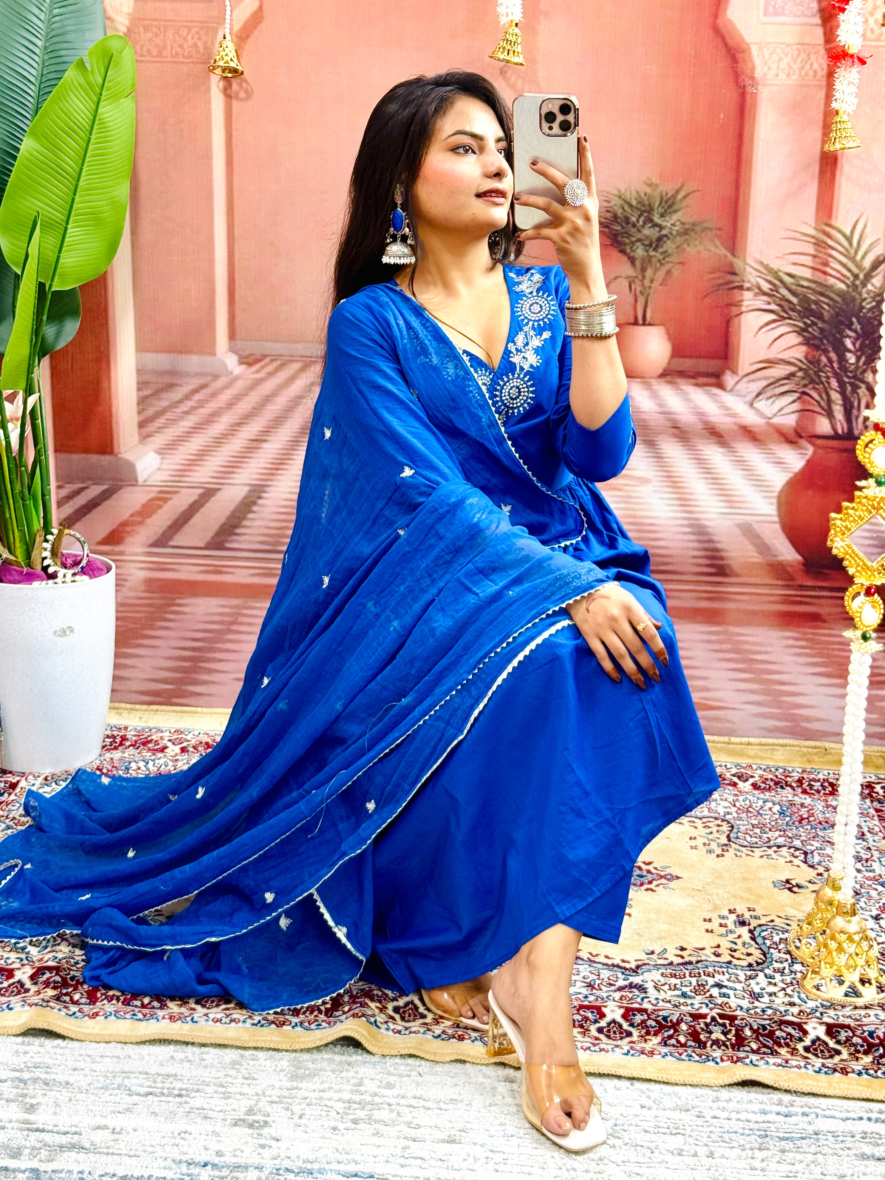 Beautiful Heavy Embroidery on kurtas and sleeves and  Sequence Work on Front Yoke Cotton Blue Kurta  With Pant and Dupatta