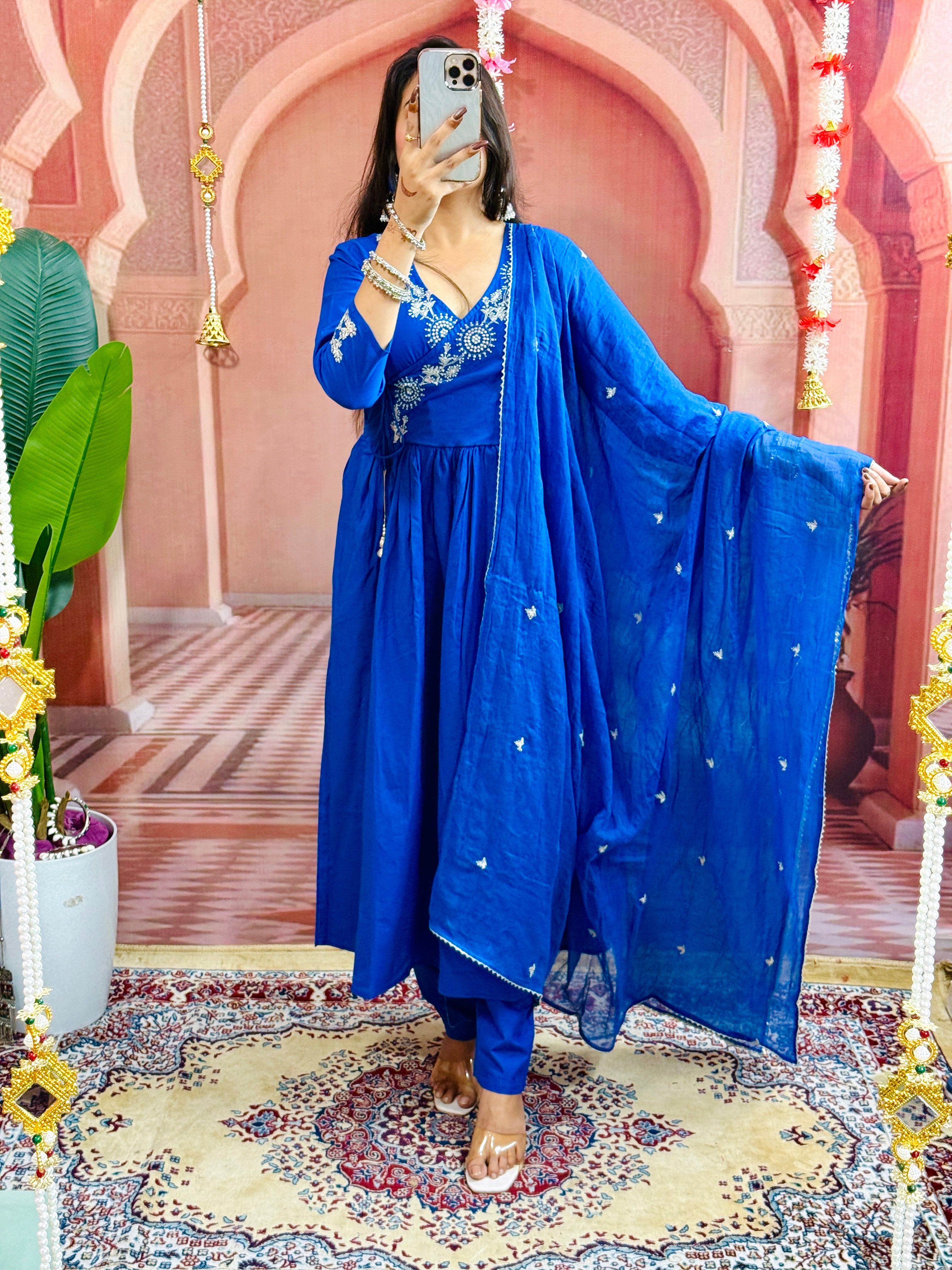 Beautiful Heavy Embroidery on kurtas and sleeves and  Sequence Work on Front Yoke Cotton Blue Kurta  With Pant and Dupatta