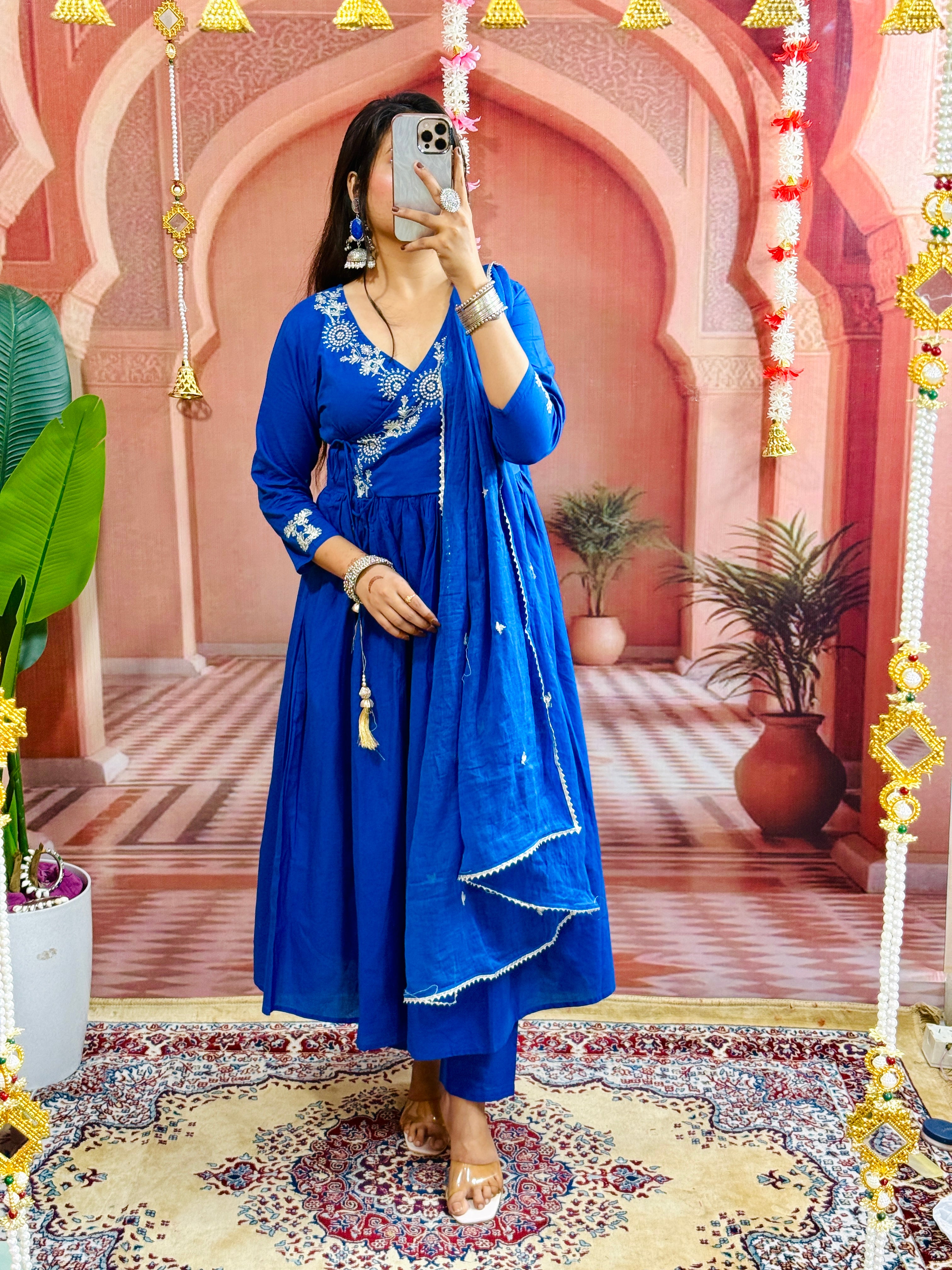 Beautiful Heavy Embroidery on kurtas and sleeves and  Sequence Work on Front Yoke Cotton Blue Kurta  With Pant and Dupatta
