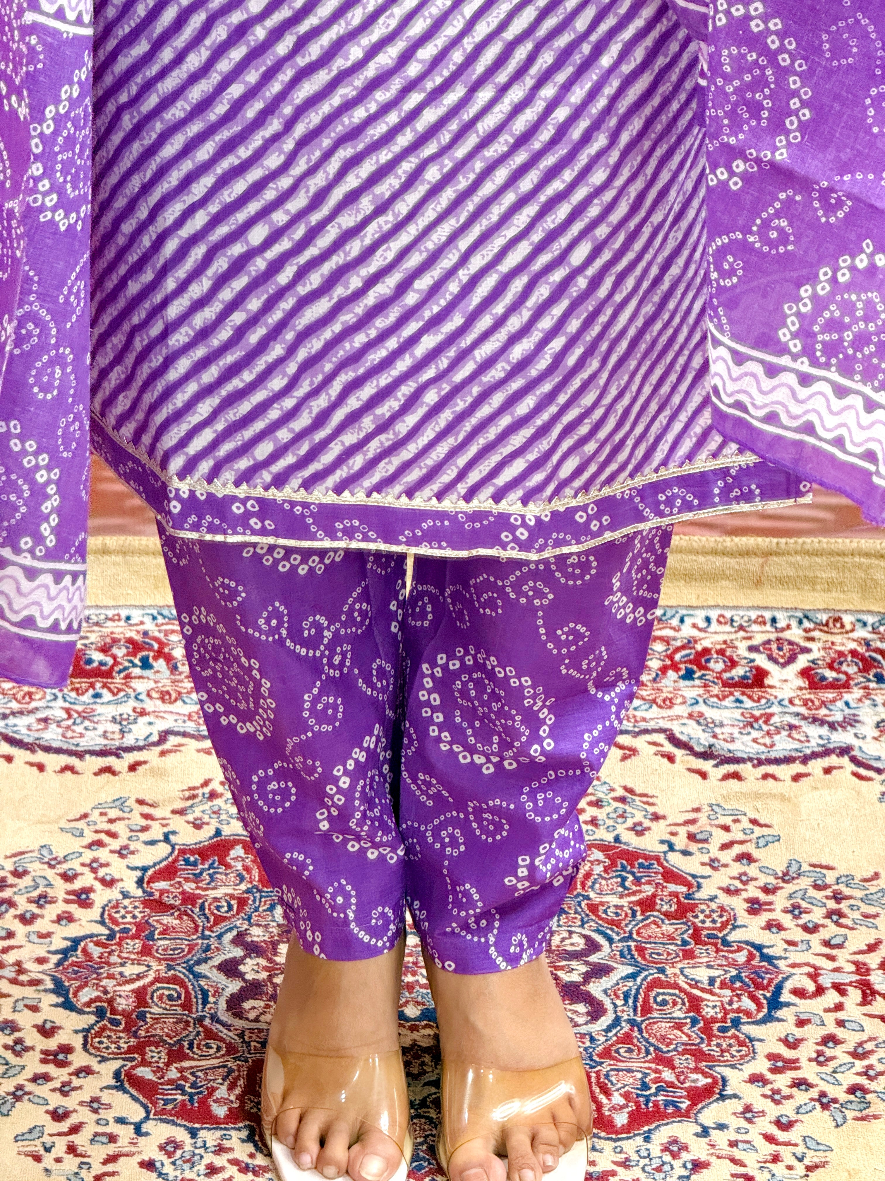 Women Beautiful Gorgeous Cotton Purple Lahriya Kurta With Pant and Dupatta