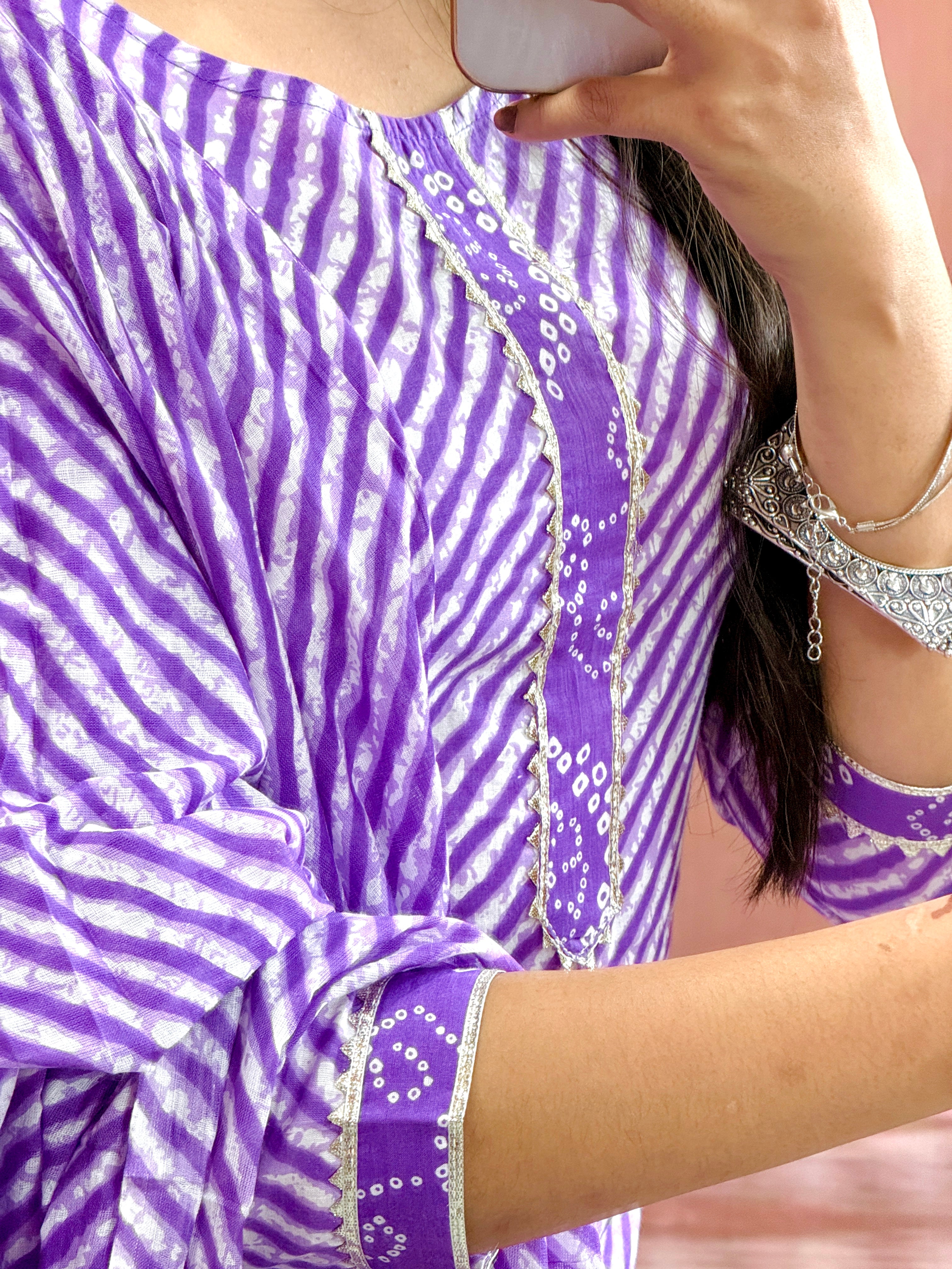 Women Beautiful Gorgeous Cotton Purple Lahriya Kurta With Pant and Dupatta