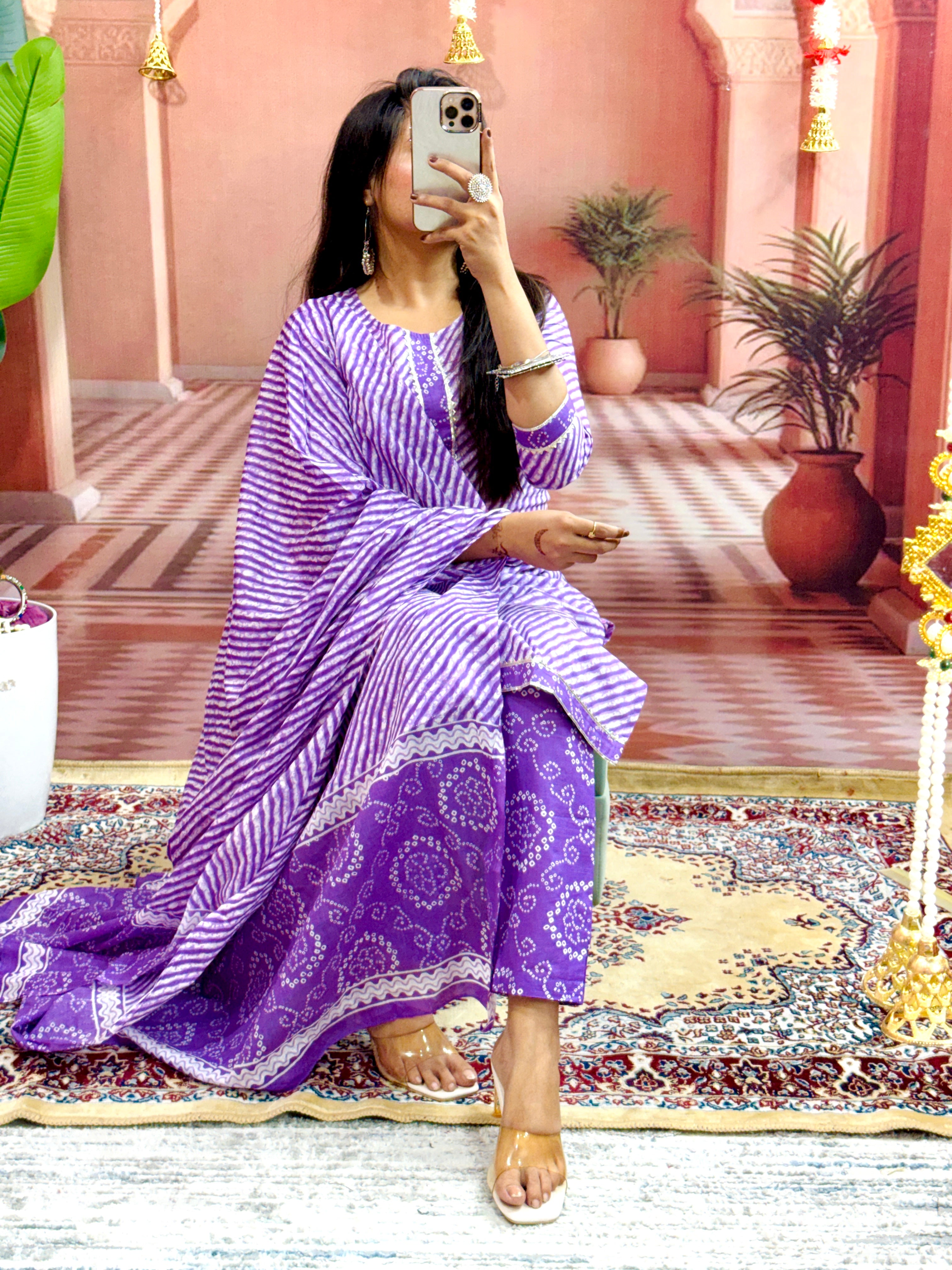 Women Beautiful Gorgeous Cotton Purple Lahriya Kurta With Pant and Dupatta