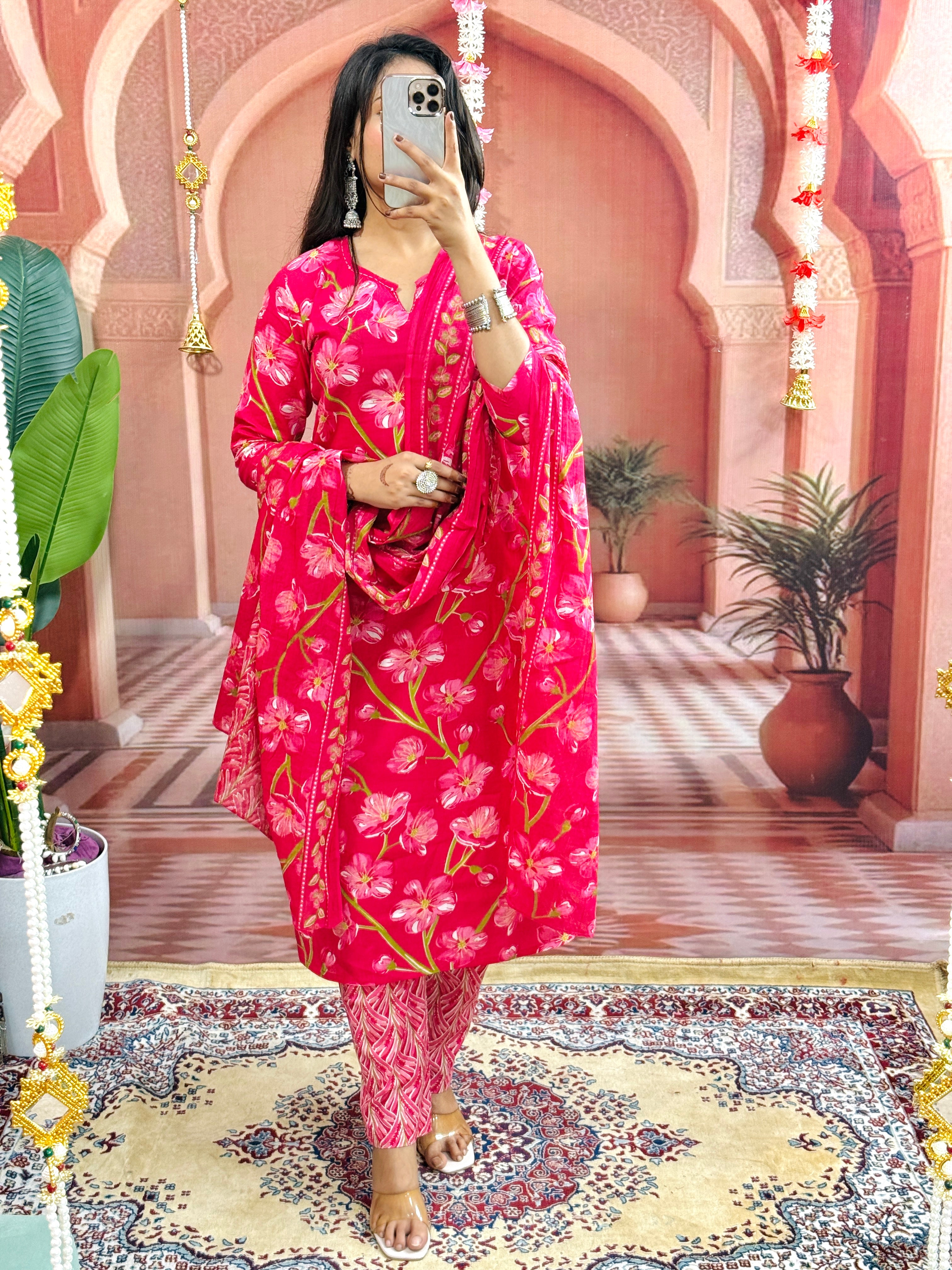 Women Jaipuri Straight Embroidered and Floral Printed Worked Cotton Pink Kurta With Pant and Dupatta