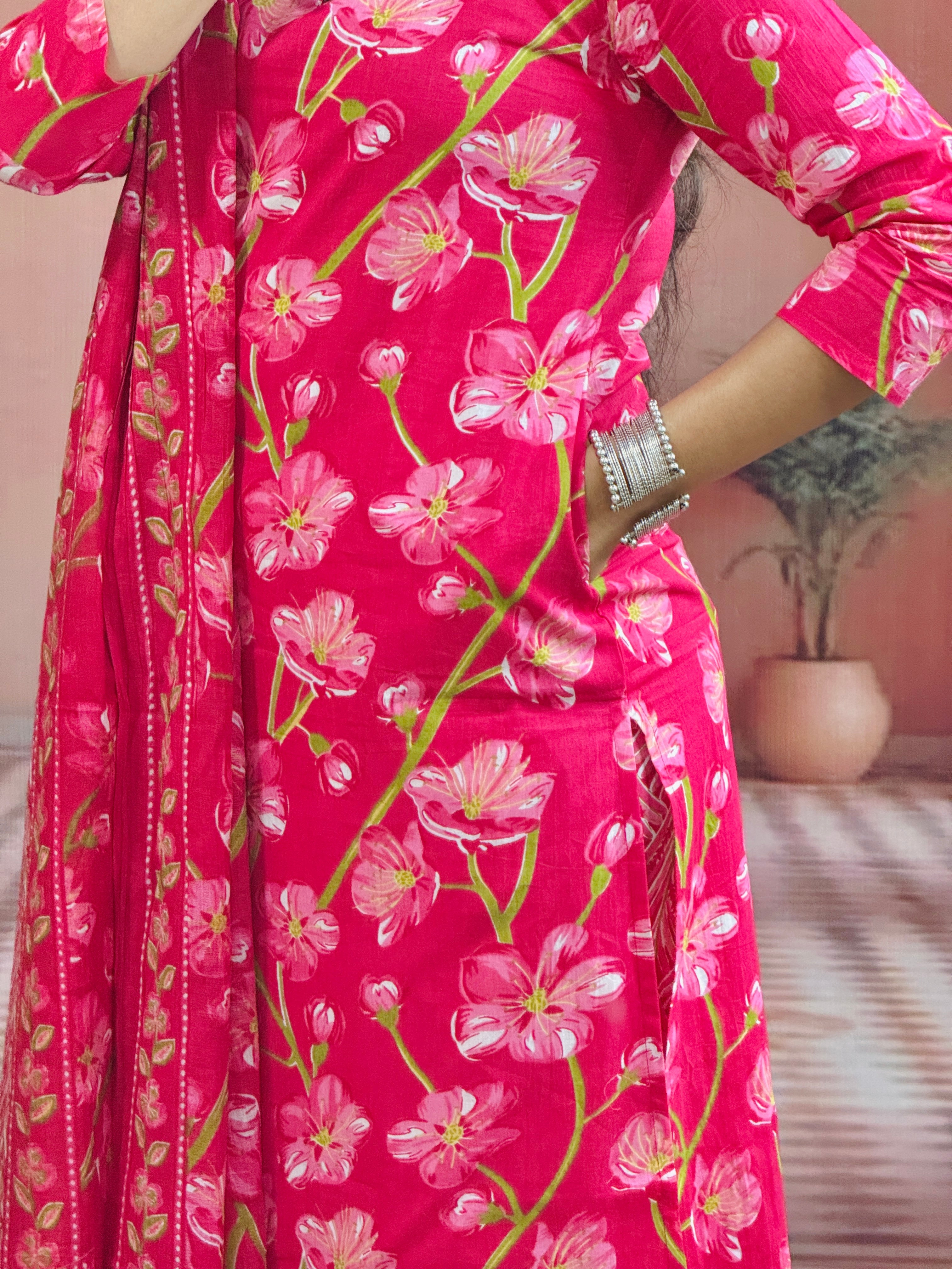 Women Jaipuri Straight Embroidered and Floral Printed Worked Cotton Pink Kurta With Pant and Dupatta