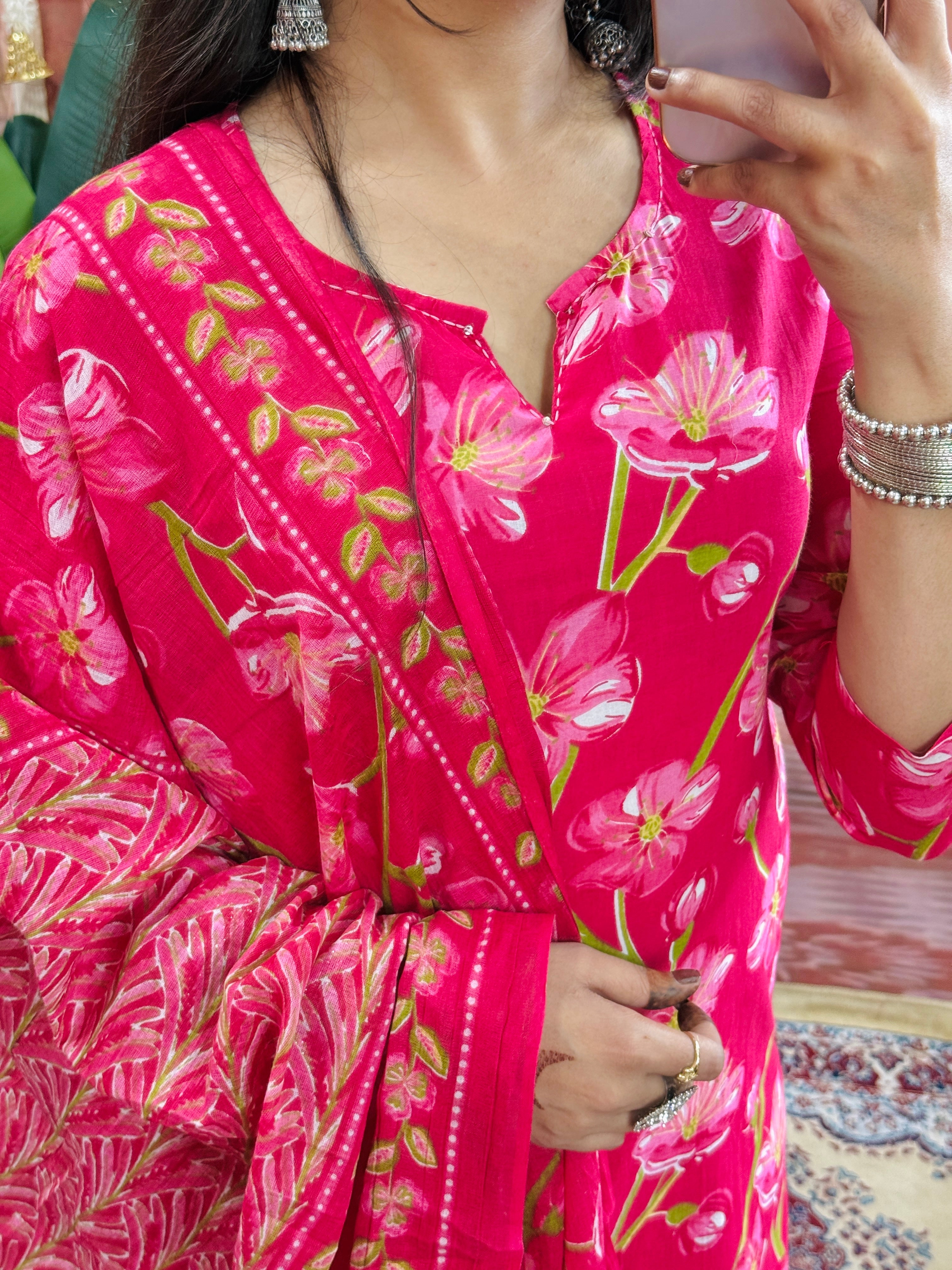 Women Jaipuri Straight Embroidered and Floral Printed Worked Cotton Pink Kurta With Pant and Dupatta