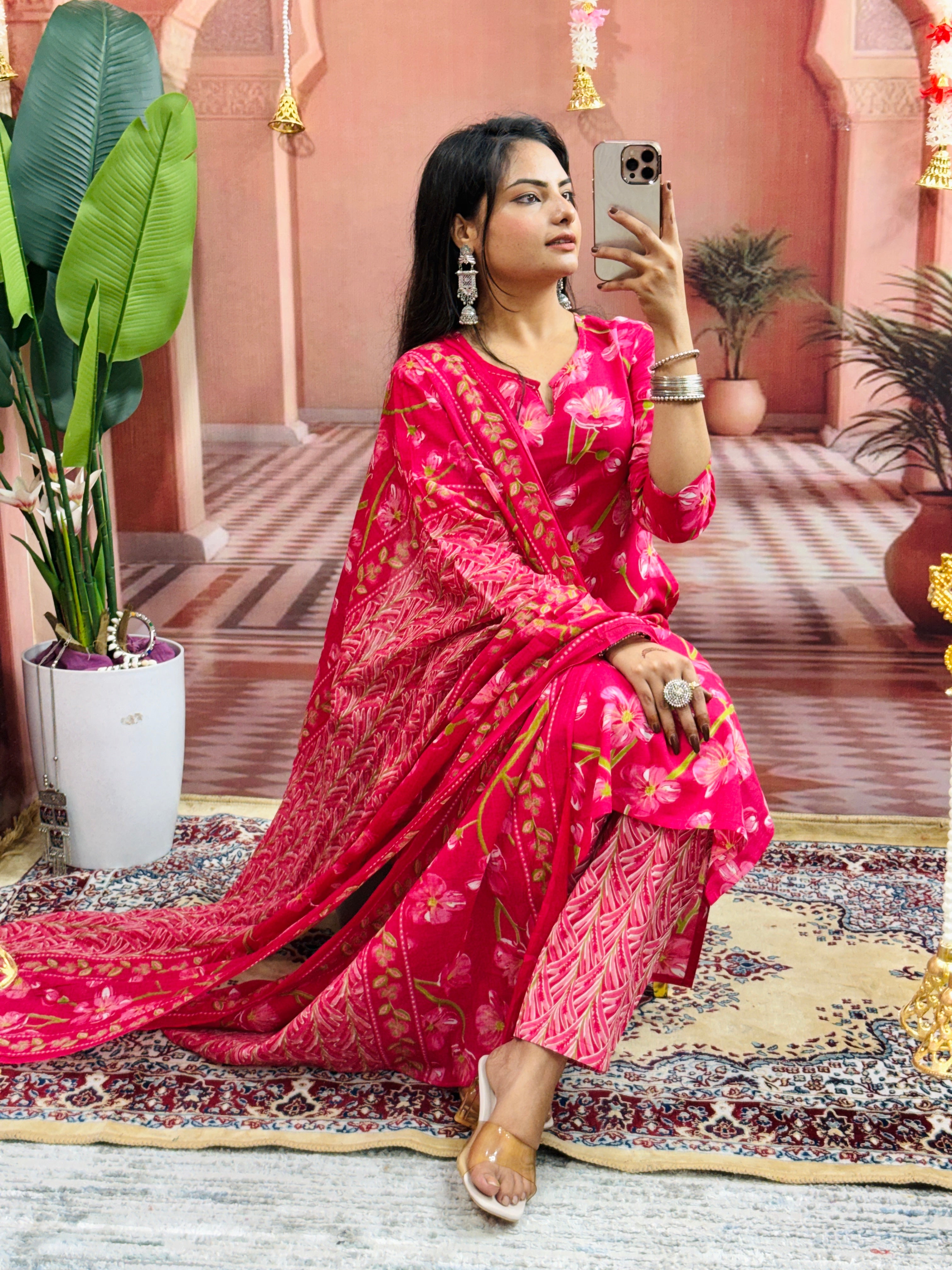 Women Jaipuri Straight Embroidered and Floral Printed Worked Cotton Pink Kurta With Pant and Dupatta