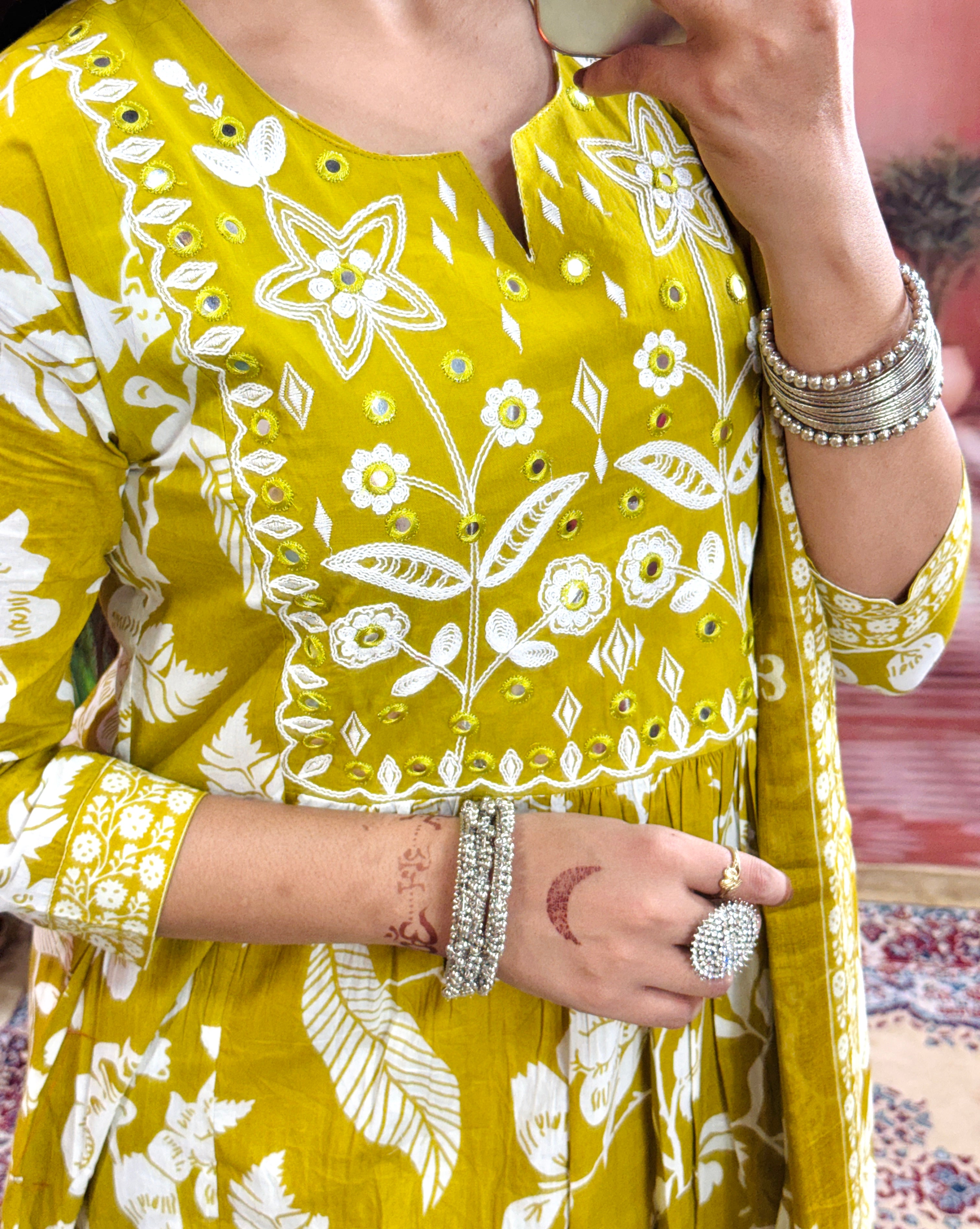 Women Flower Printed and Panel Embroidered Anarkali Style Mehandi Green Cotton Kurta and Pant and Dupatta