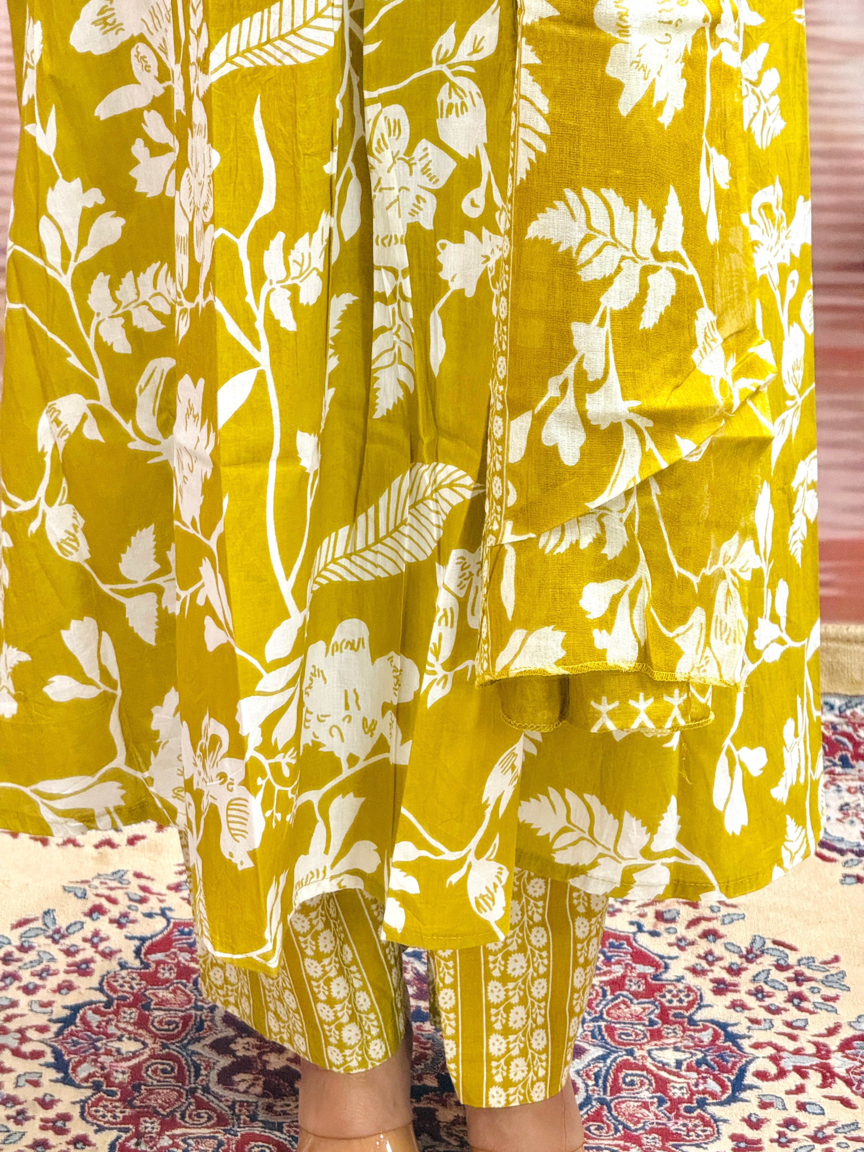 Women Flower Printed and Panel Embroidered Anarkali Style Mehandi Green Cotton Kurta and Pant and Dupatta