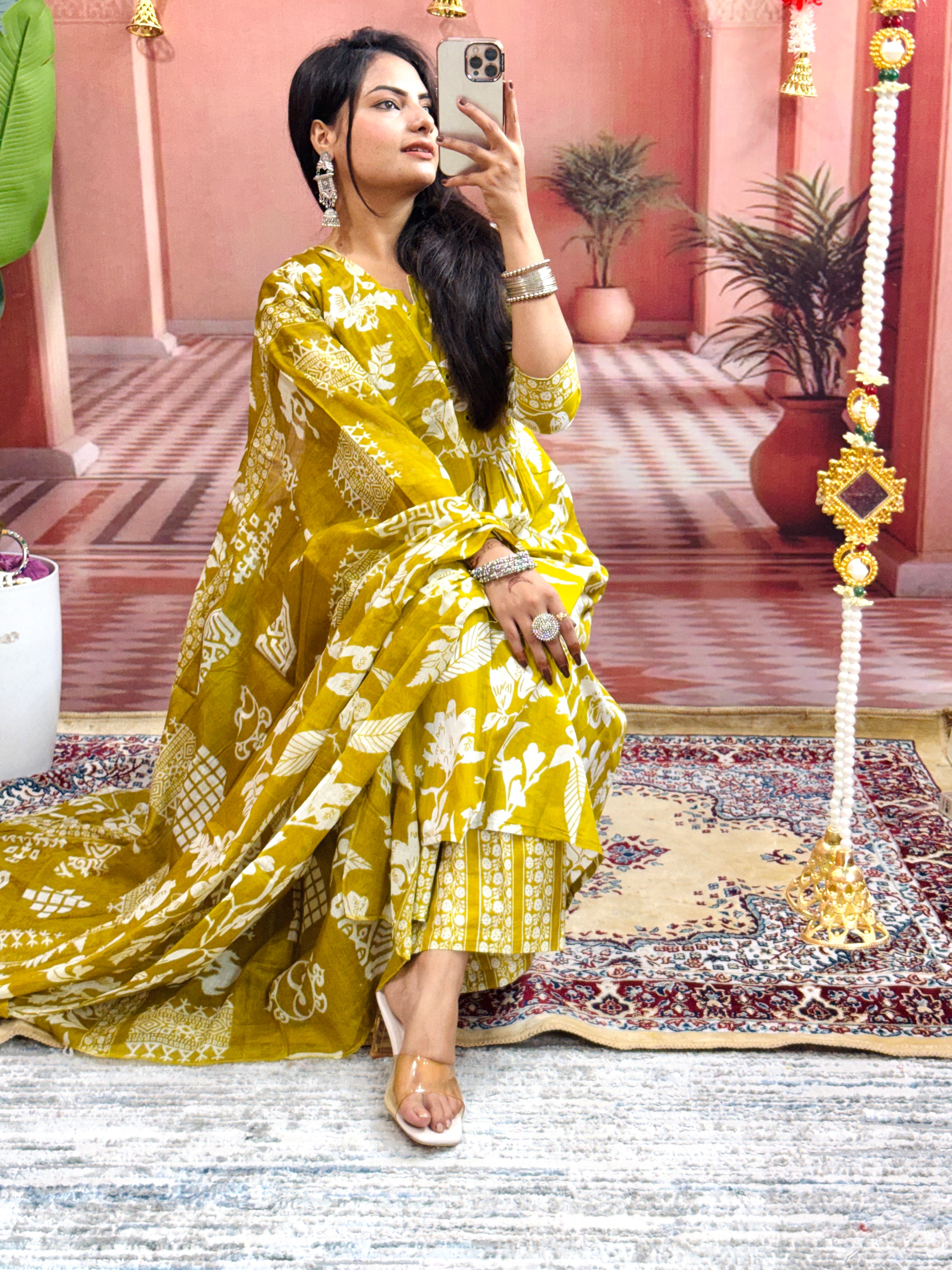 Women Flower Printed and Panel Embroidered Anarkali Style Mehandi Green Cotton Kurta and Pant and Dupatta