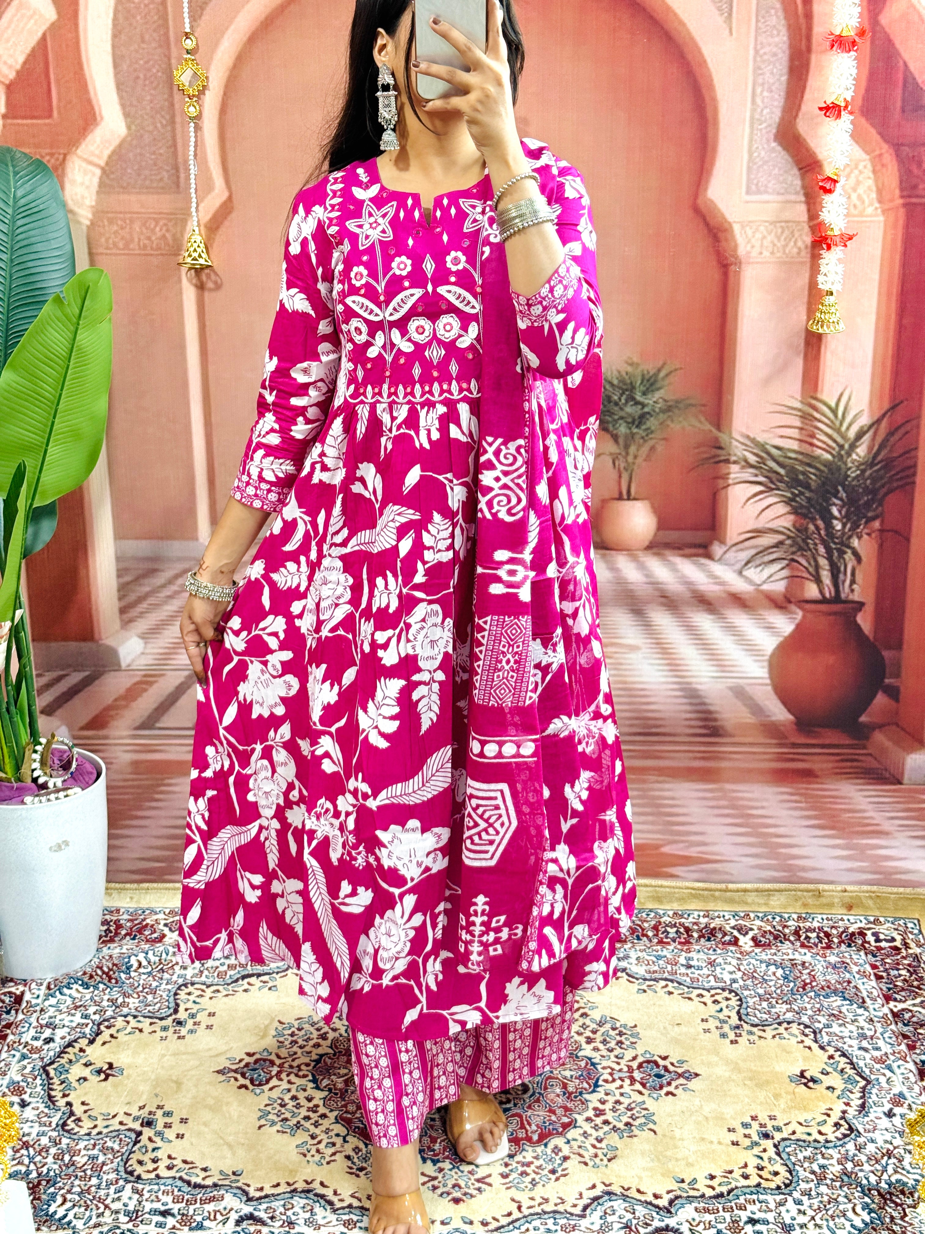 Women Flower Printed and Panel Embroidered Anarkali Style Pink Cotton Kurta and Pant and Dupatta
