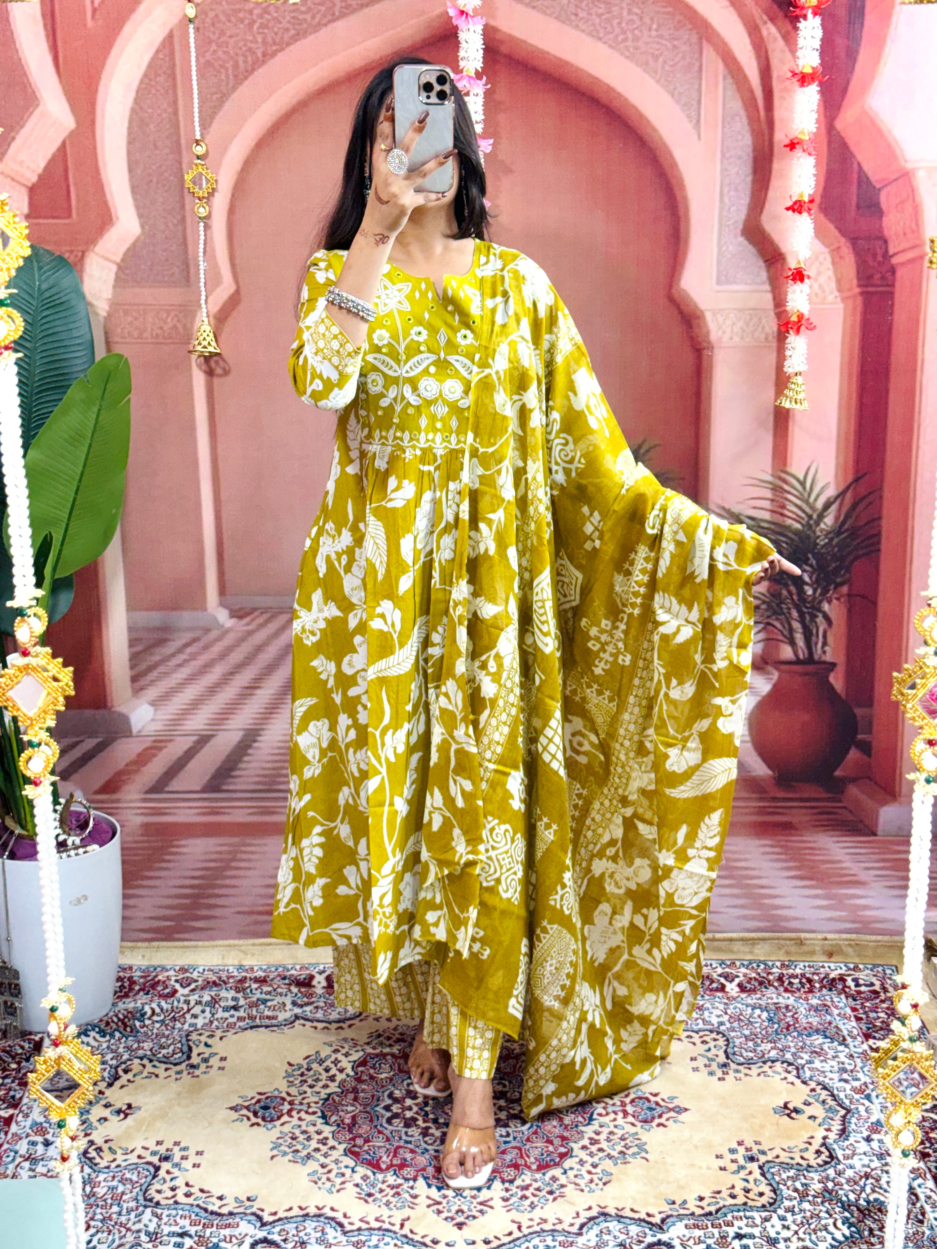 Women Flower Printed and Panel Embroidered Anarkali Style Mehandi Green Cotton Kurta and Pant and Dupatta